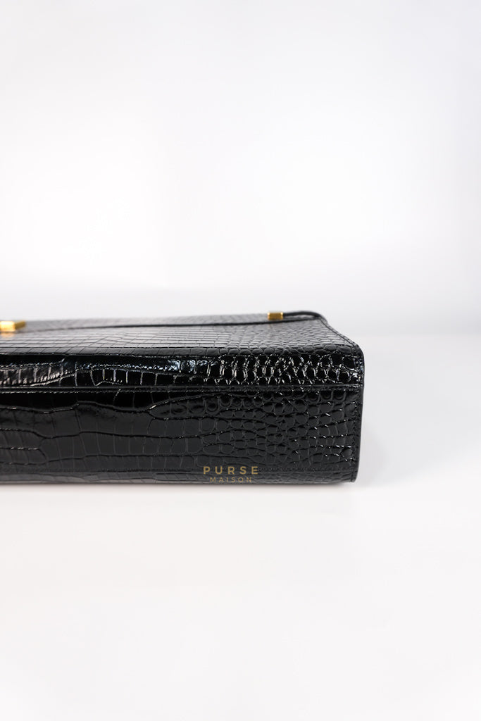Manhattan Medium in Black Crocodile Embossed Sling Bag | Purse Maison Luxury Bags Shop