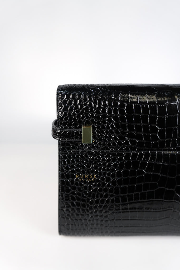 Manhattan Medium in Black Crocodile Embossed Sling Bag | Purse Maison Luxury Bags Shop