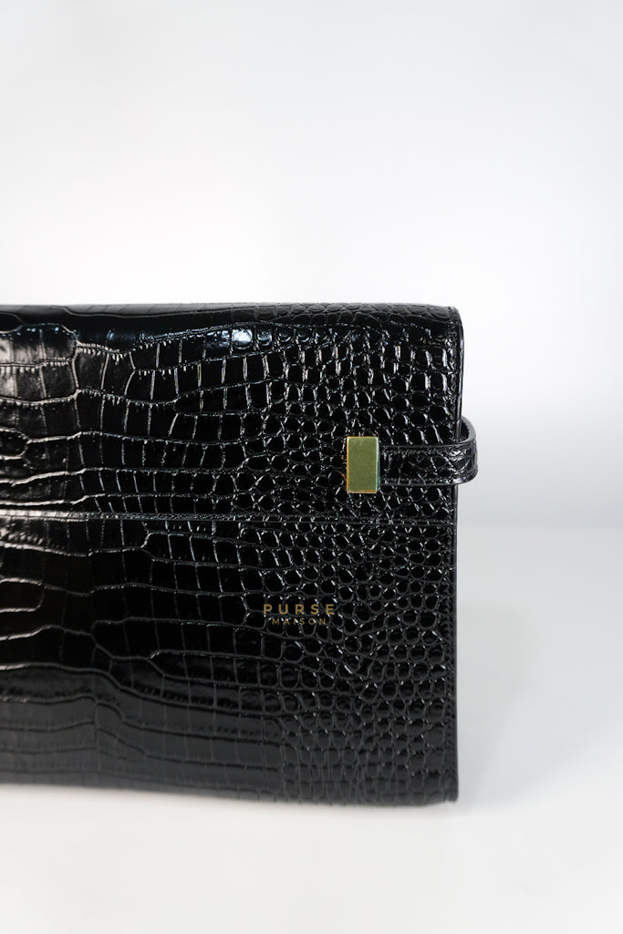 Manhattan Medium in Black Crocodile Embossed Sling Bag | Purse Maison Luxury Bags Shop