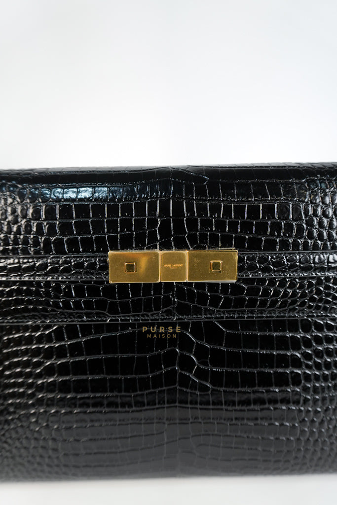 Manhattan Medium in Black Crocodile Embossed Sling Bag | Purse Maison Luxury Bags Shop