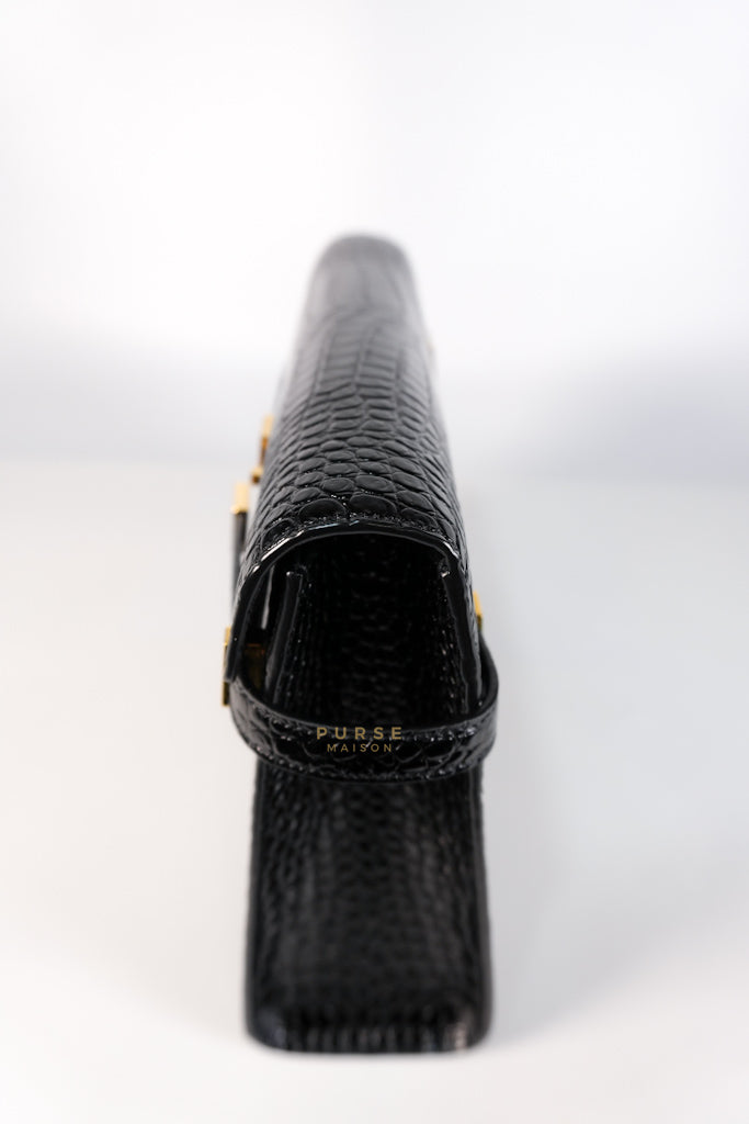 Manhattan Medium in Black Crocodile Embossed Sling Bag | Purse Maison Luxury Bags Shop