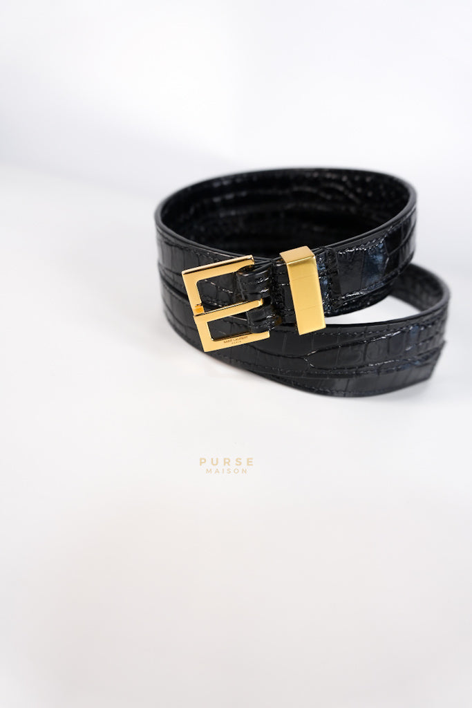 Manhattan Medium in Black Crocodile Embossed Sling Bag | Purse Maison Luxury Bags Shop