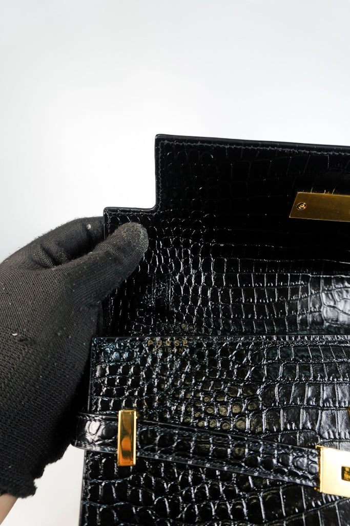 Manhattan Medium in Black Crocodile Embossed Sling Bag | Purse Maison Luxury Bags Shop