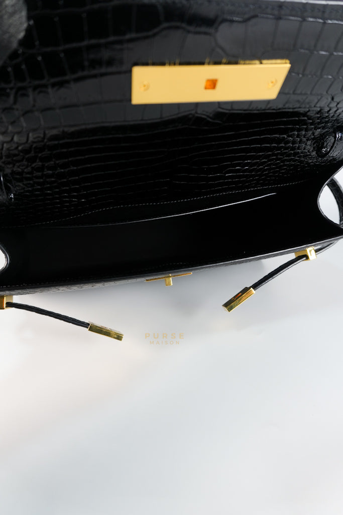 Manhattan Medium in Black Crocodile Embossed Sling Bag | Purse Maison Luxury Bags Shop