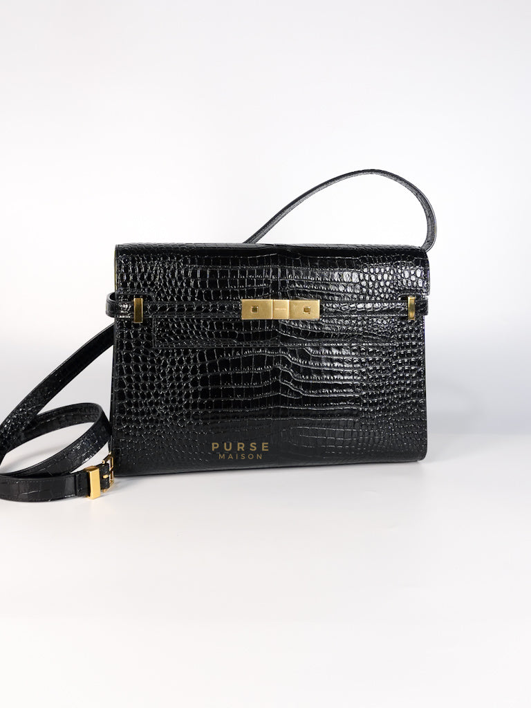 Manhattan Medium in Black Crocodile Embossed Sling Bag | Purse Maison Luxury Bags Shop