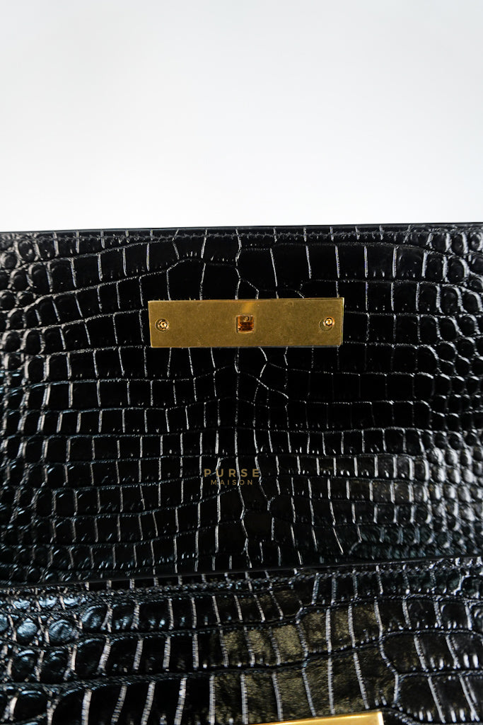 Manhattan Medium in Black Crocodile Embossed Sling Bag | Purse Maison Luxury Bags Shop