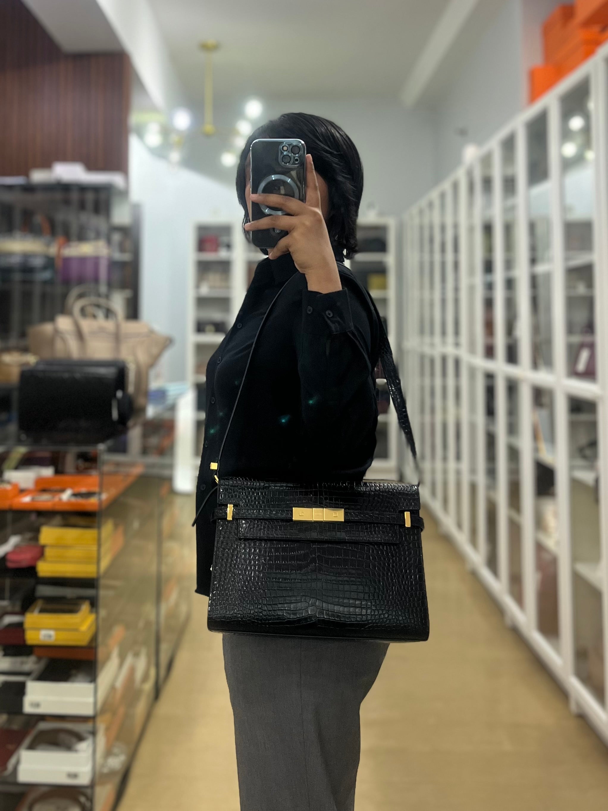 Manhattan Medium in Black Crocodile Embossed Sling Bag | Purse Maison Luxury Bags Shop