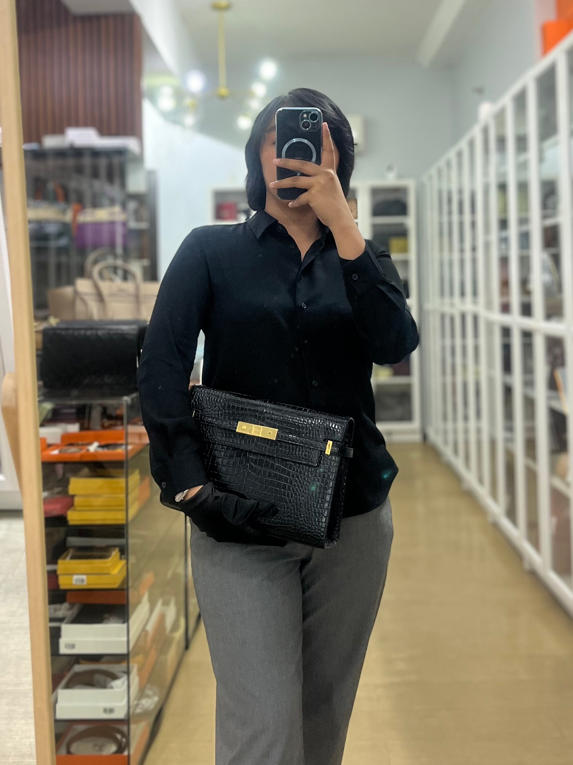 Manhattan Medium in Black Crocodile Embossed Sling Bag | Purse Maison Luxury Bags Shop