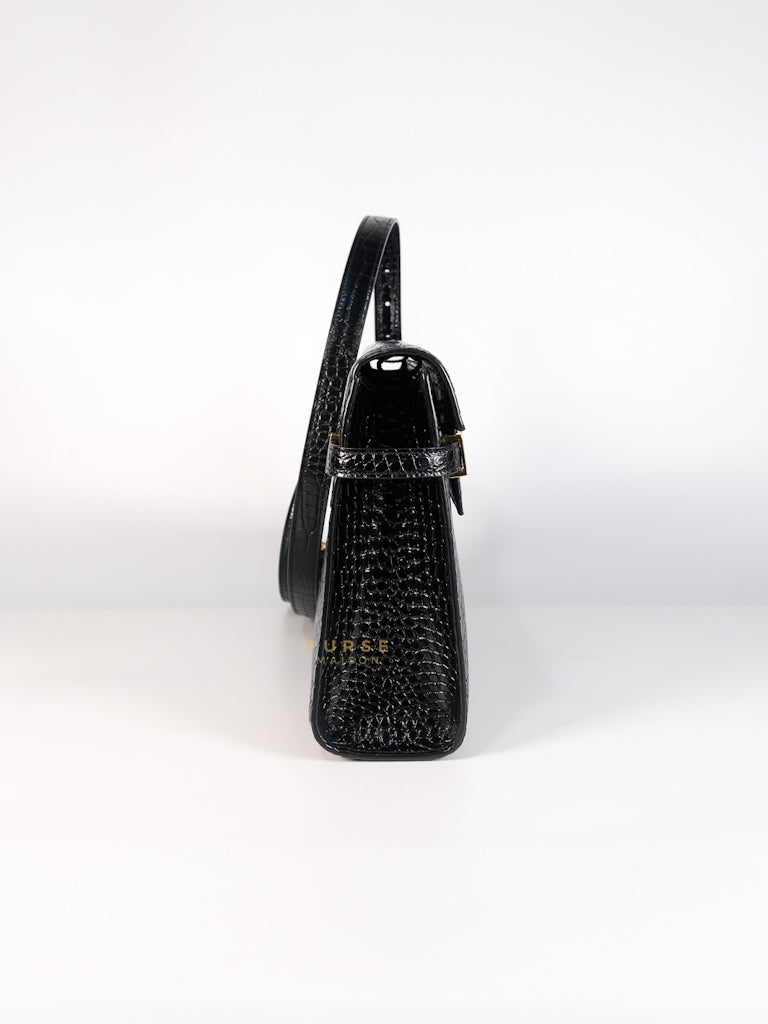 Manhattan Medium in Black Crocodile Embossed Sling Bag | Purse Maison Luxury Bags Shop