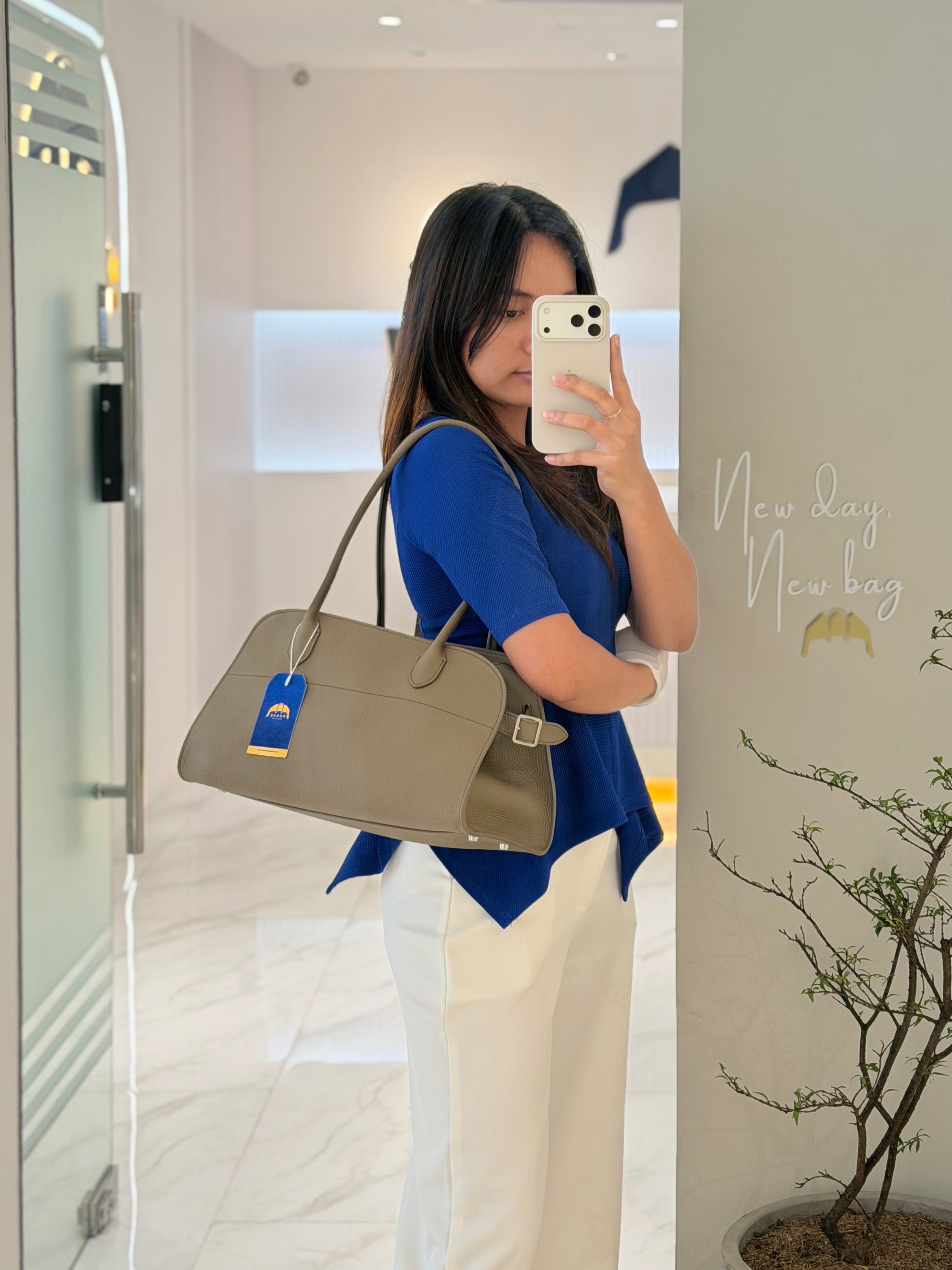 Margaux Shoulder 12 in Smoked Taupe Grained Calfskin Leather | Purse Maison Luxury Bags Shop