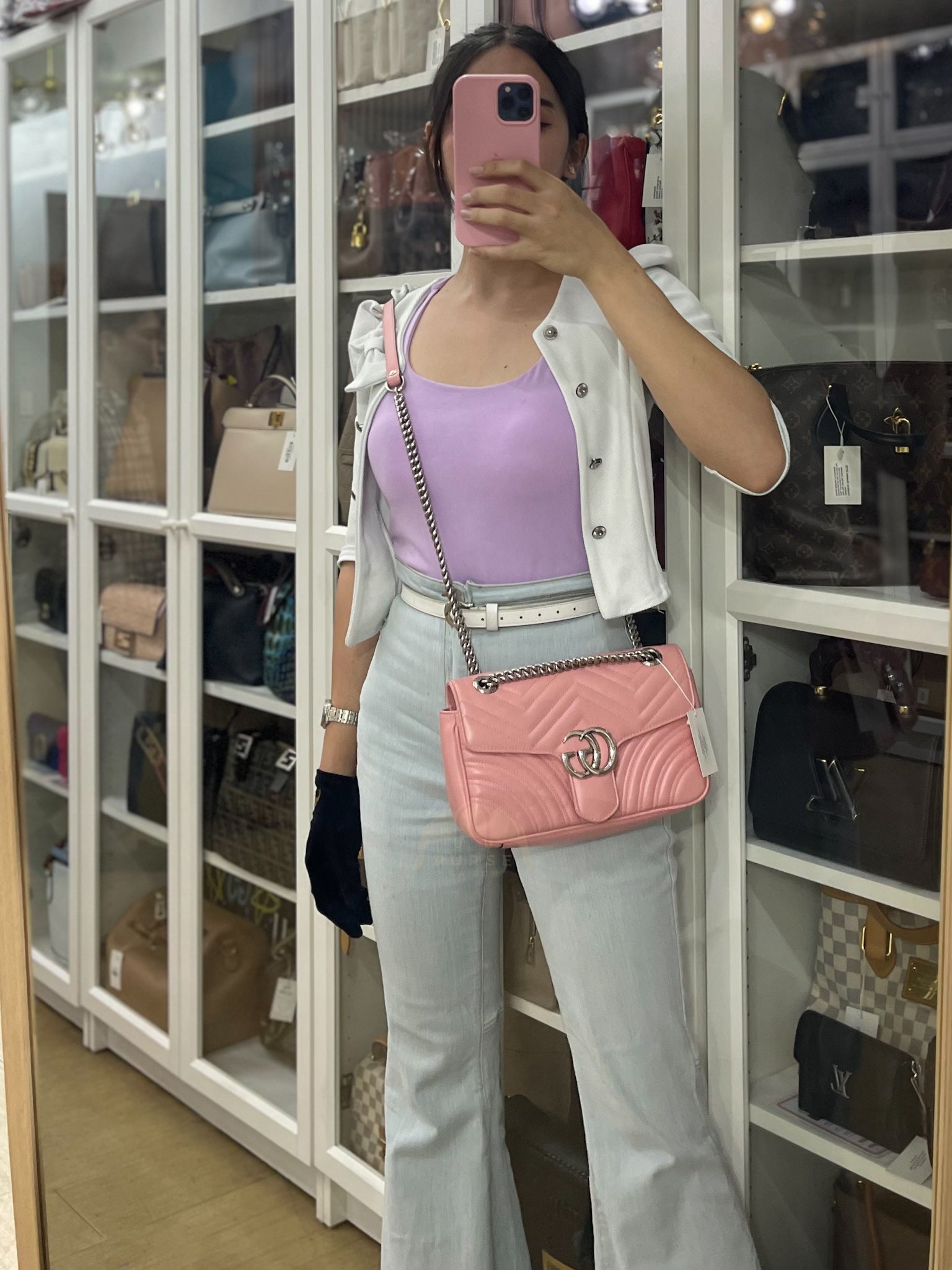 Marmont Small in Pink Matelasse Leather and Silver Hardware Crossbody Bag | Purse Maison Luxury Bags Shop