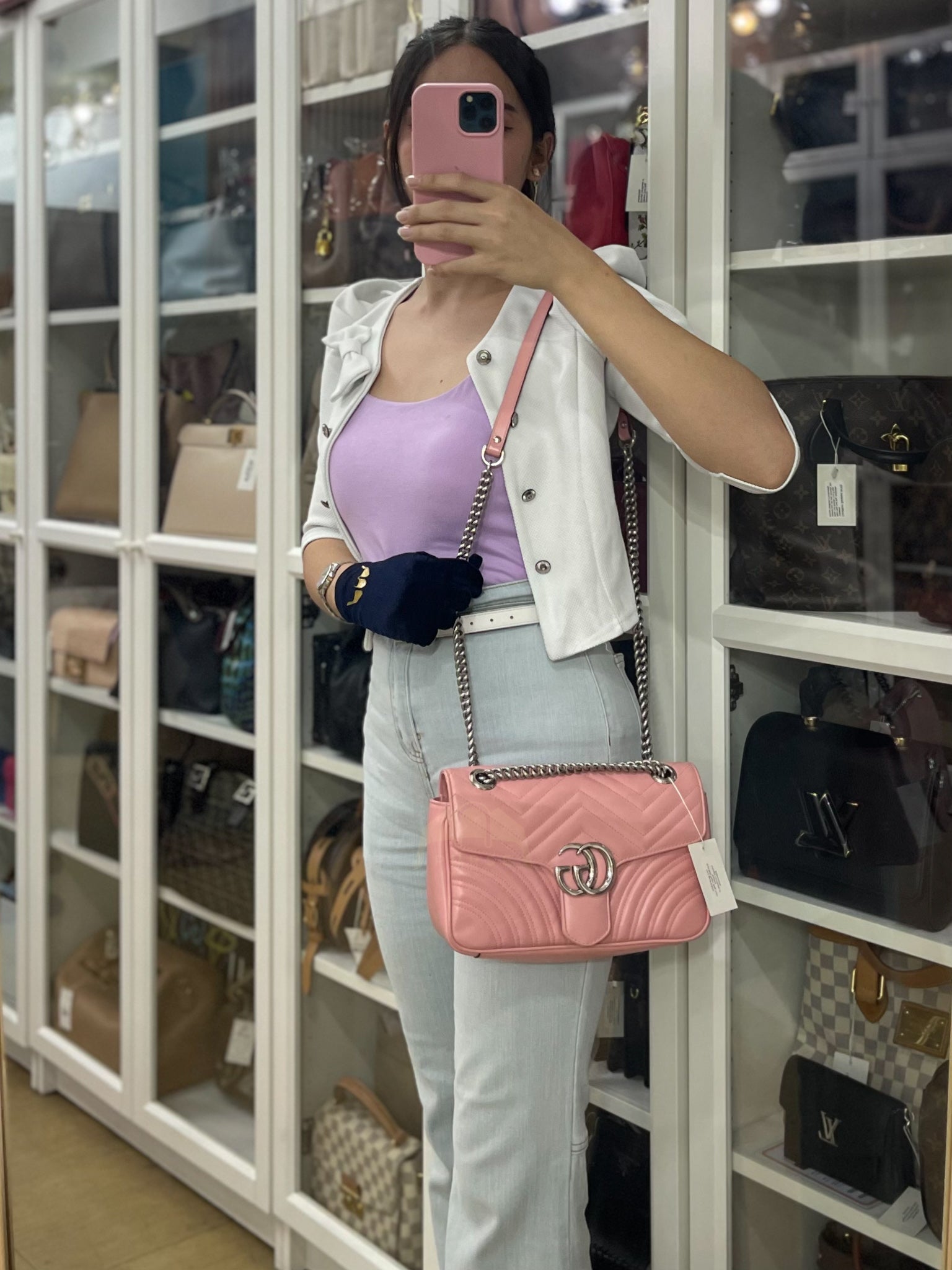 Marmont Small in Pink Matelasse Leather and Silver Hardware Crossbody Bag | Purse Maison Luxury Bags Shop