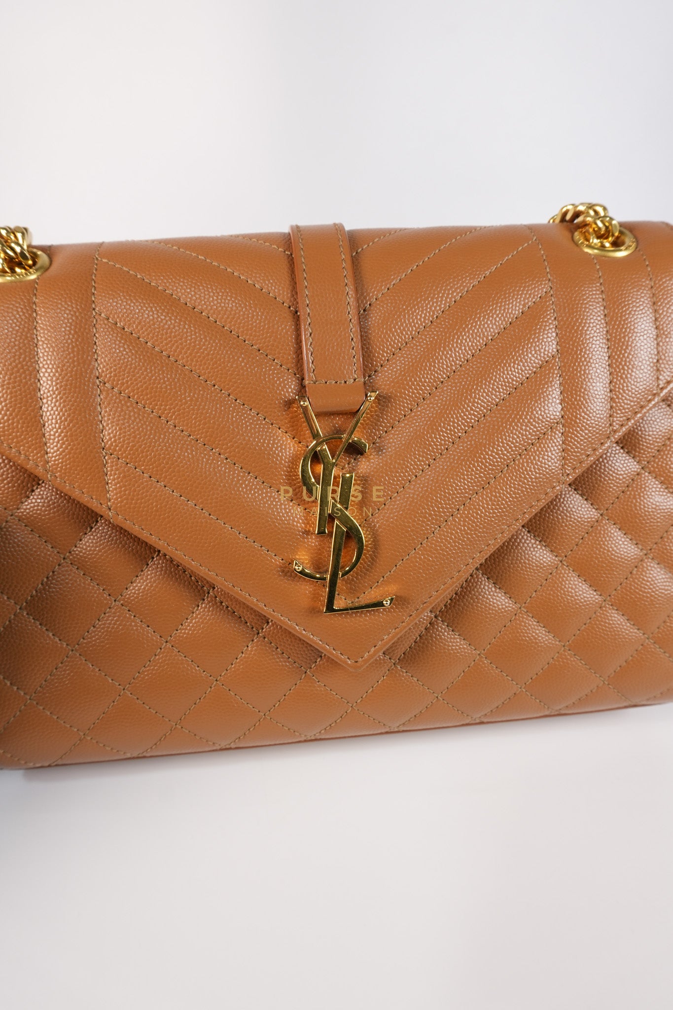 Matelasse Medium Envelope Bag in Caramel Grain de Poudre Leather | Purse Maison Luxury Bags Shop
