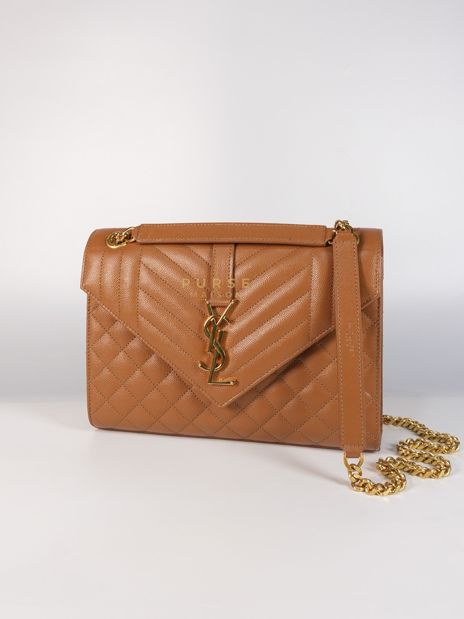 Matelasse Medium Envelope Bag in Caramel Grain de Poudre Leather | Purse Maison Luxury Bags Shop