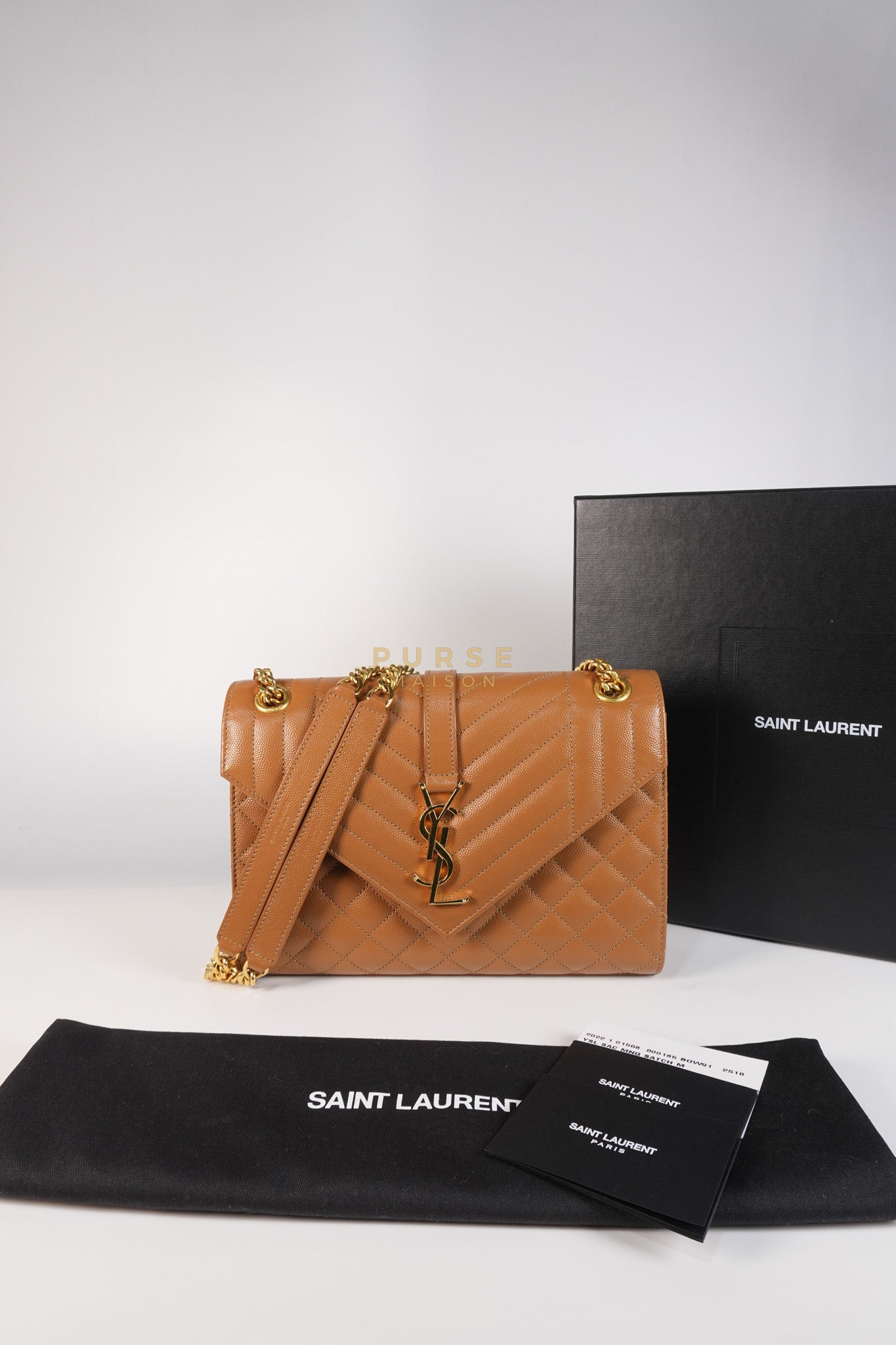 Matelasse Medium Envelope Bag in Caramel Grain de Poudre Leather | Purse Maison Luxury Bags Shop