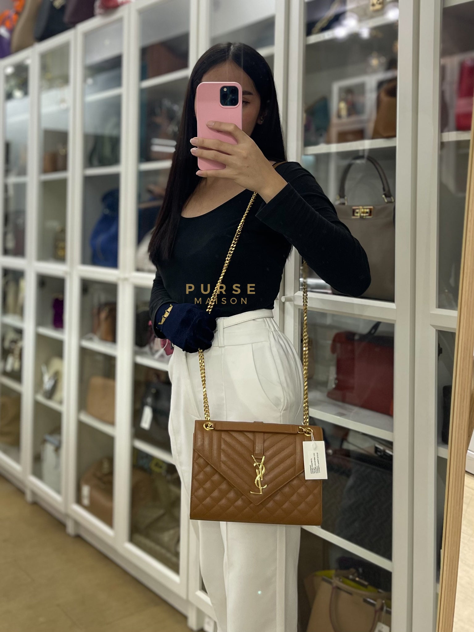 Matelasse Medium Envelope Bag in Caramel Grain de Poudre Leather | Purse Maison Luxury Bags Shop