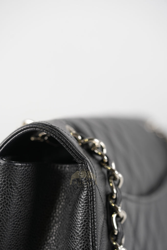 Maxi Single Flap in Black Quilted Caviar Leather and Silver Hardware Series 13 | Purse Maison Luxury Bags Shop
