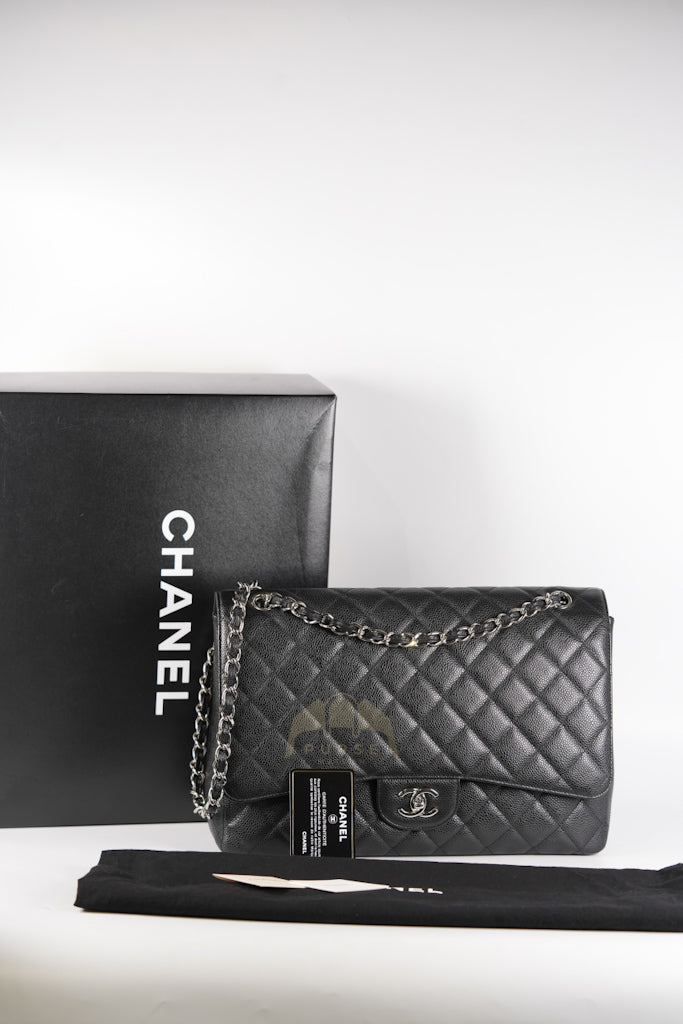 Maxi Single Flap in Black Quilted Caviar Leather and Silver Hardware Series 13 | Purse Maison Luxury Bags Shop