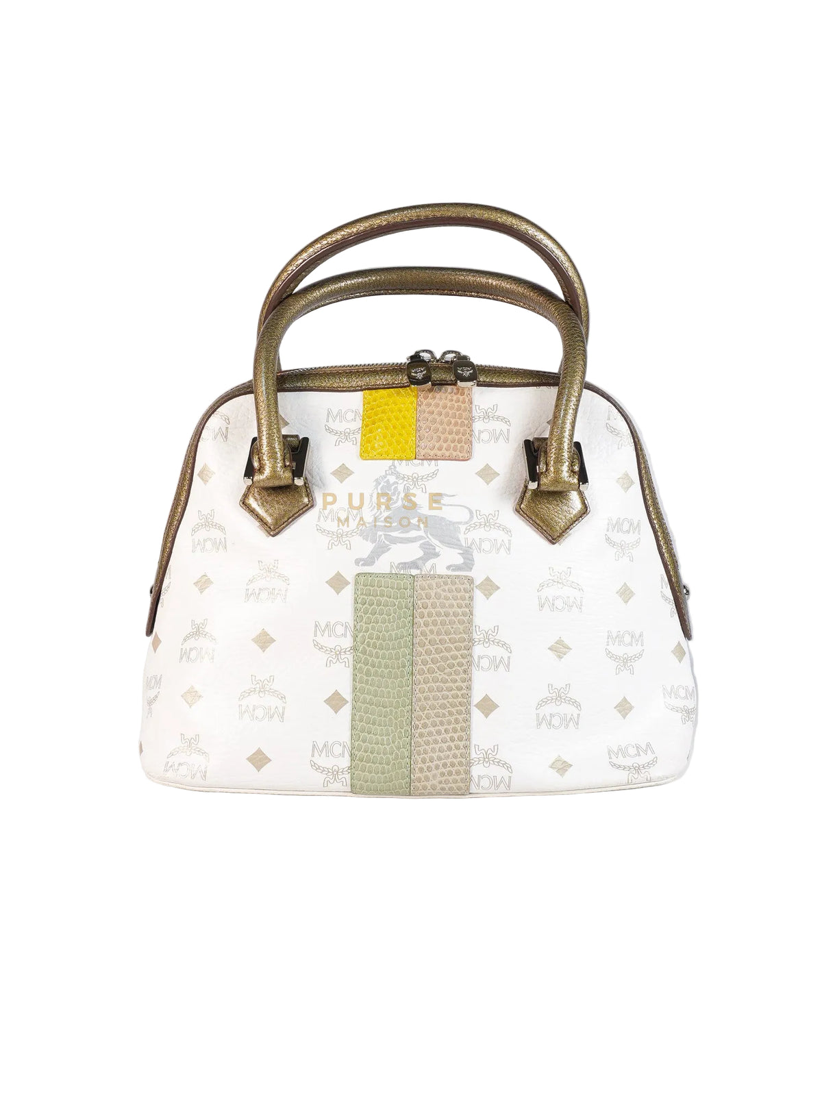 Princess Lion Boston Bag in White Coated Canvas & Leather | Purse Maison Luxury Bags Shop