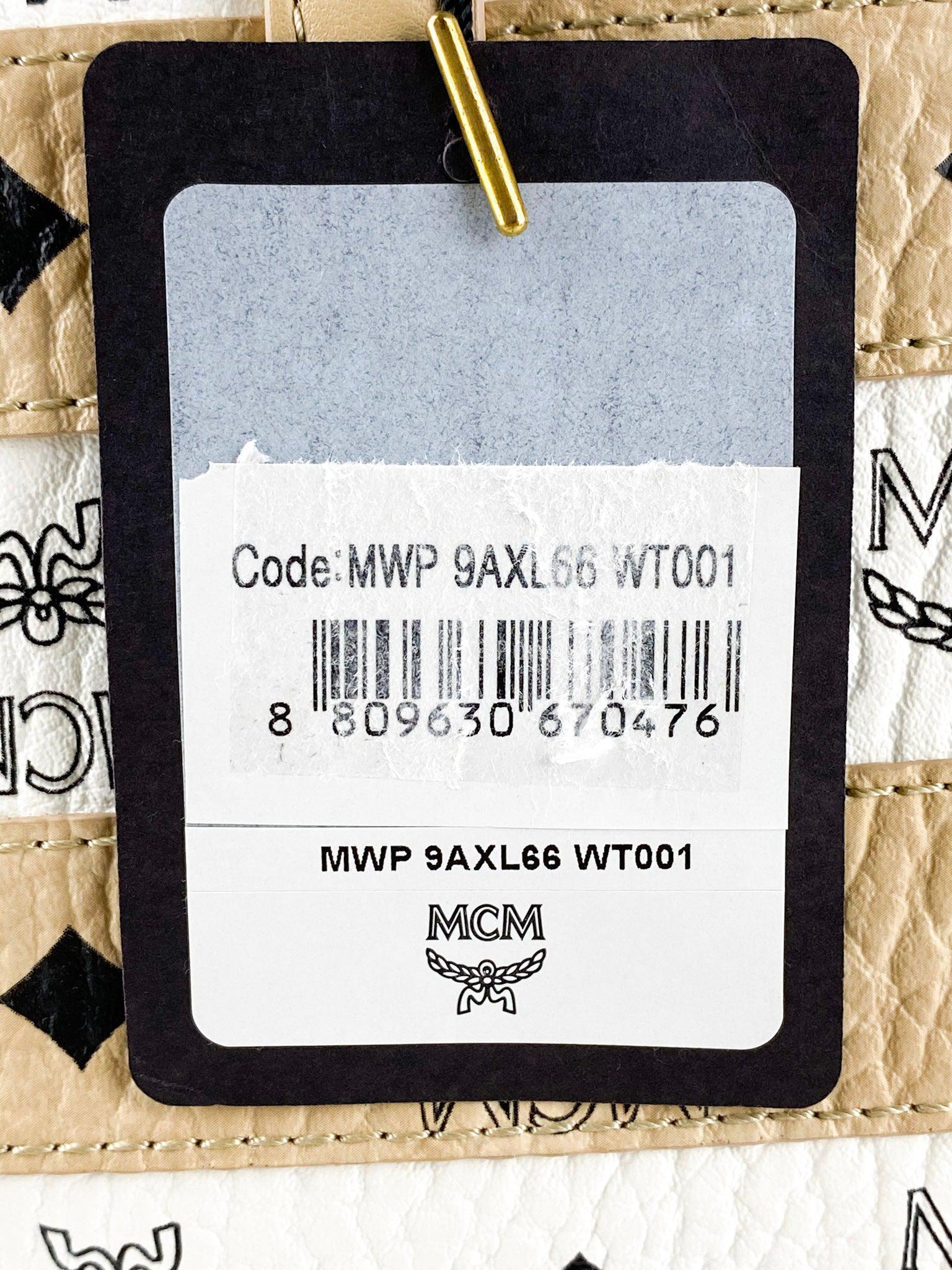 MCM Visetos Striped Medium Anya Shopper Tote White Beige