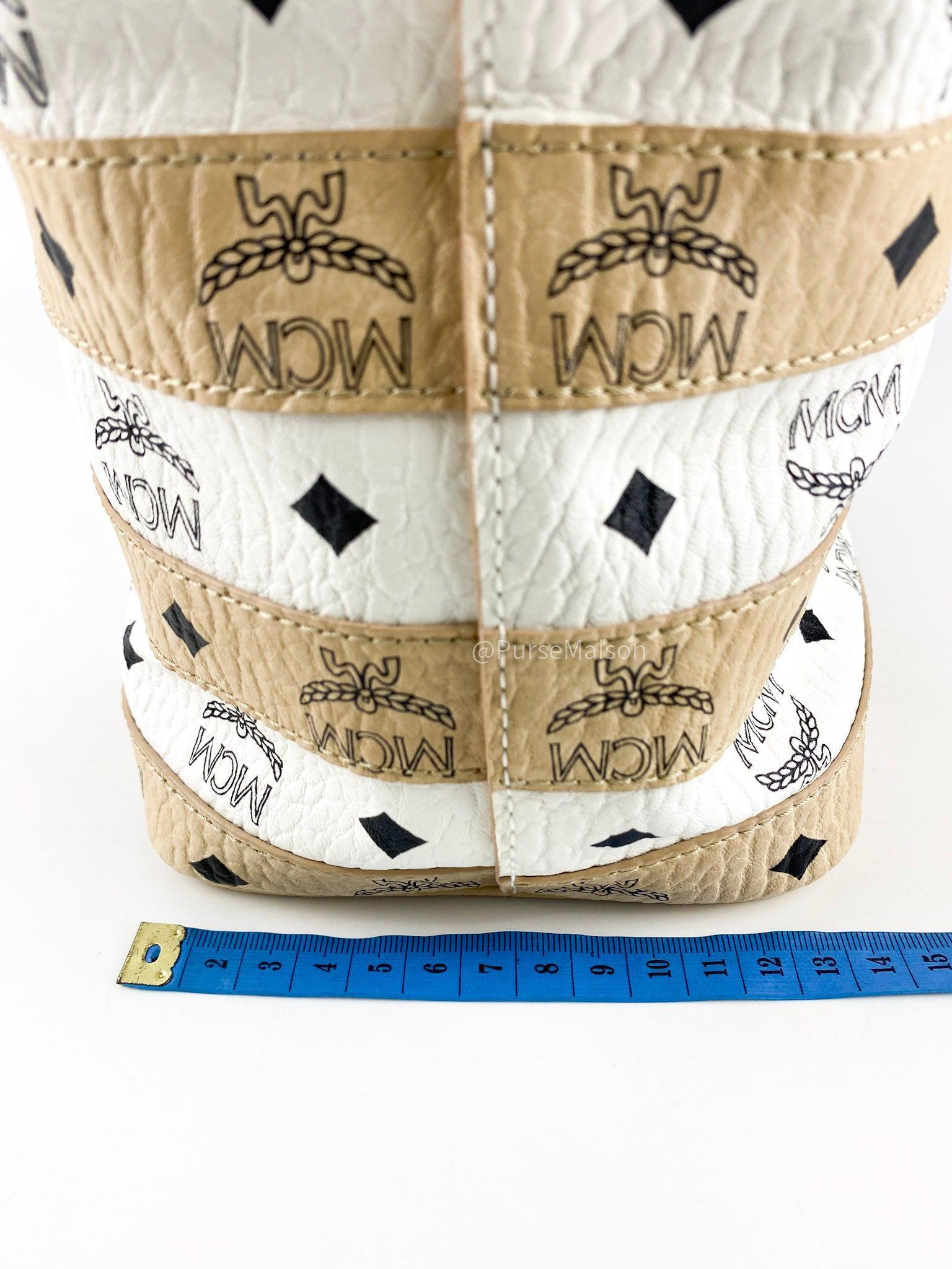 MCM Visetos Striped Medium Anya Shopper Tote White Beige