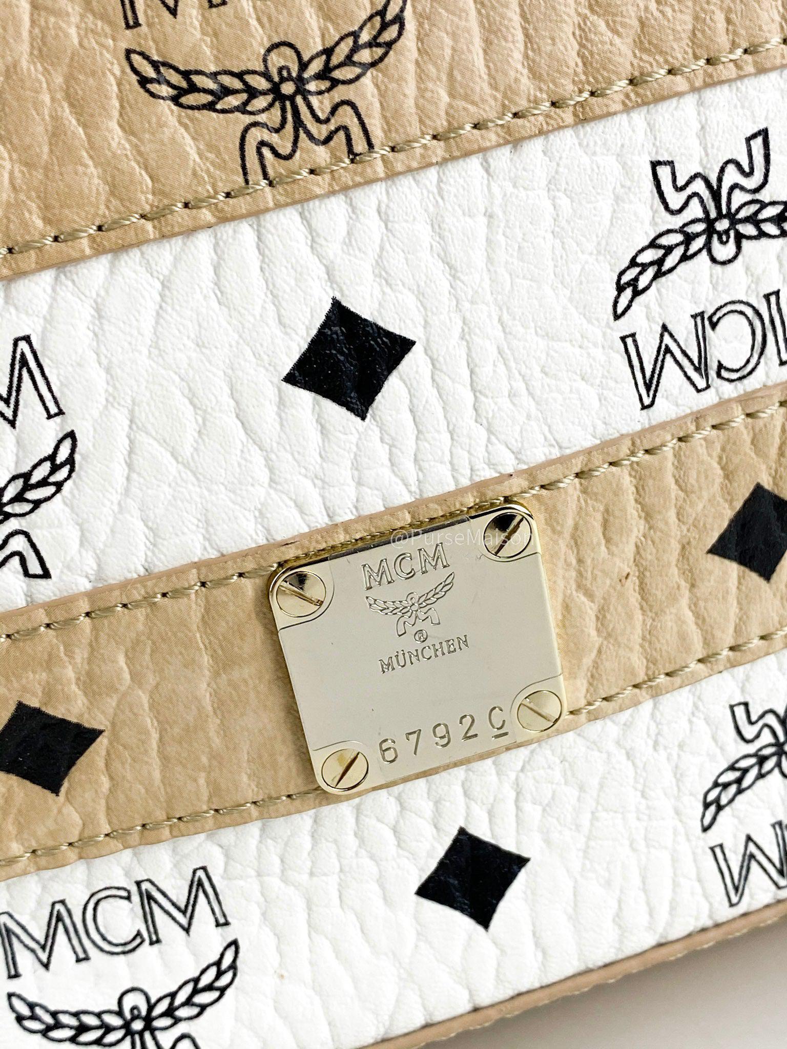 MCM Visetos Striped Medium Anya Shopper Tote White Beige