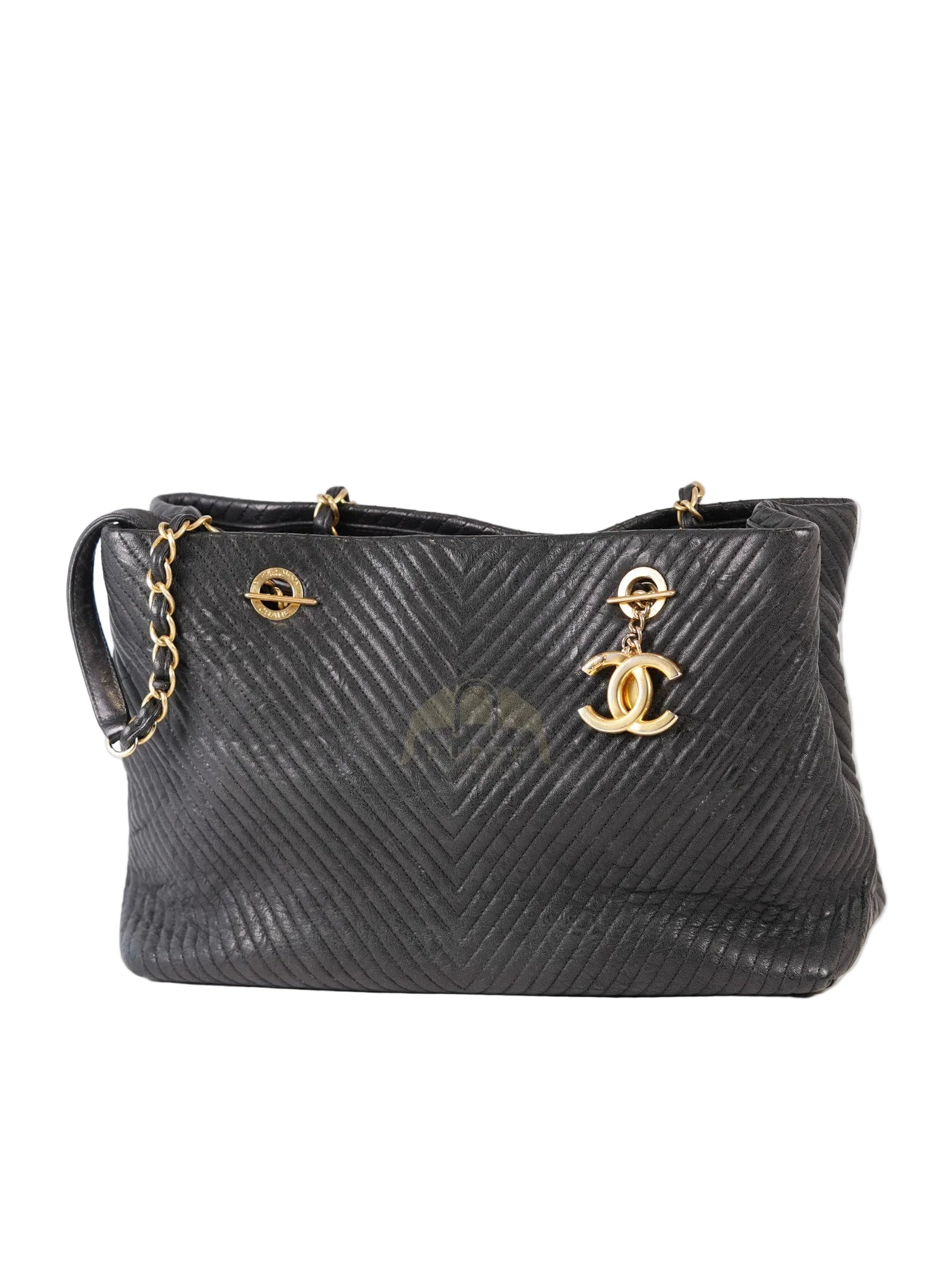 Medallion Charm Tote Bag in Black Chevron Lambskin Leather & Gold Hardware Series 21 | Purse Maison Luxury Bags Shop
