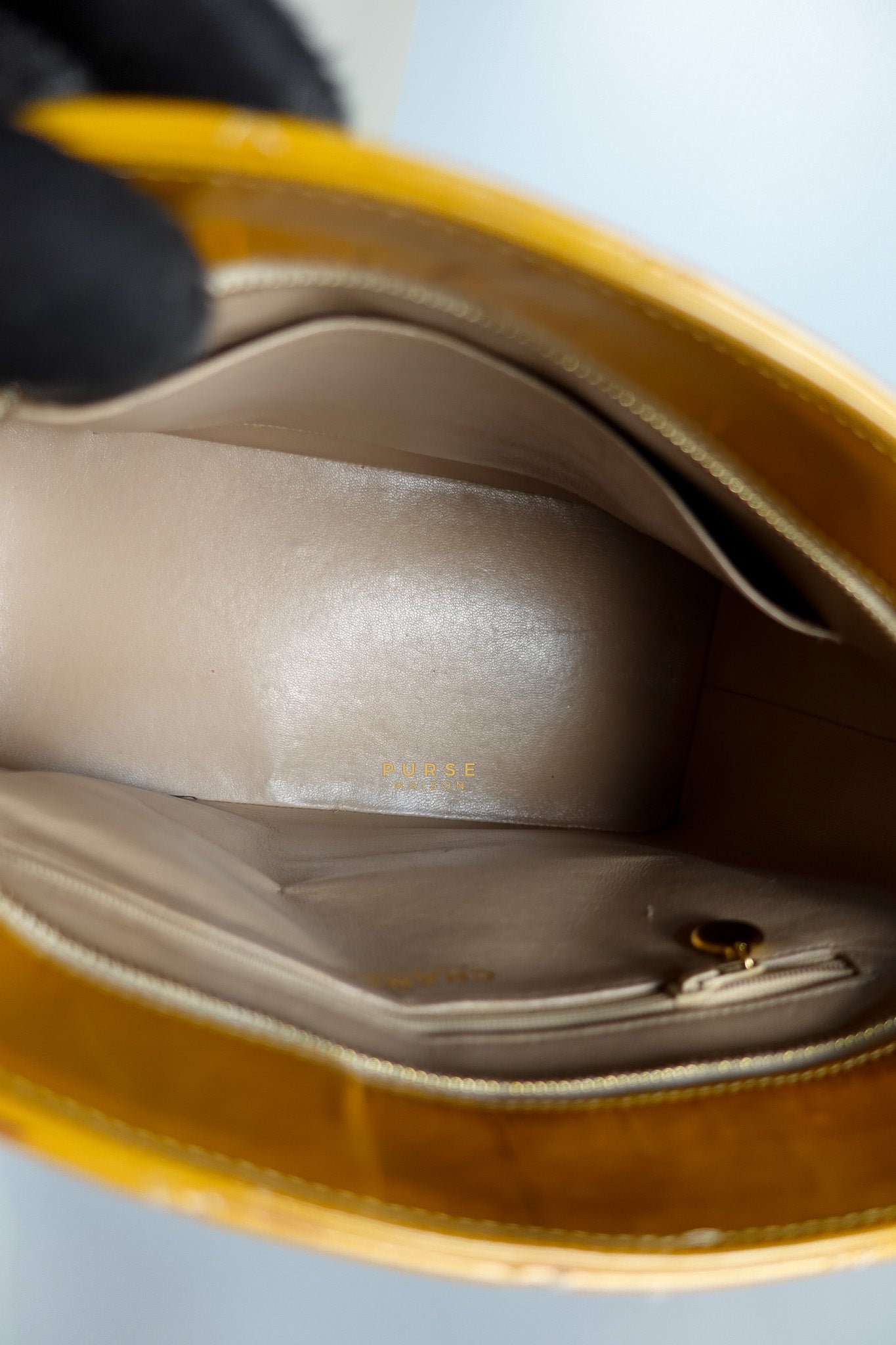 Medallion Yellow Mustard Vintage Patent Leather Handbag and Gold Hardware Series 7 | Purse Maison Luxury Bags Shop