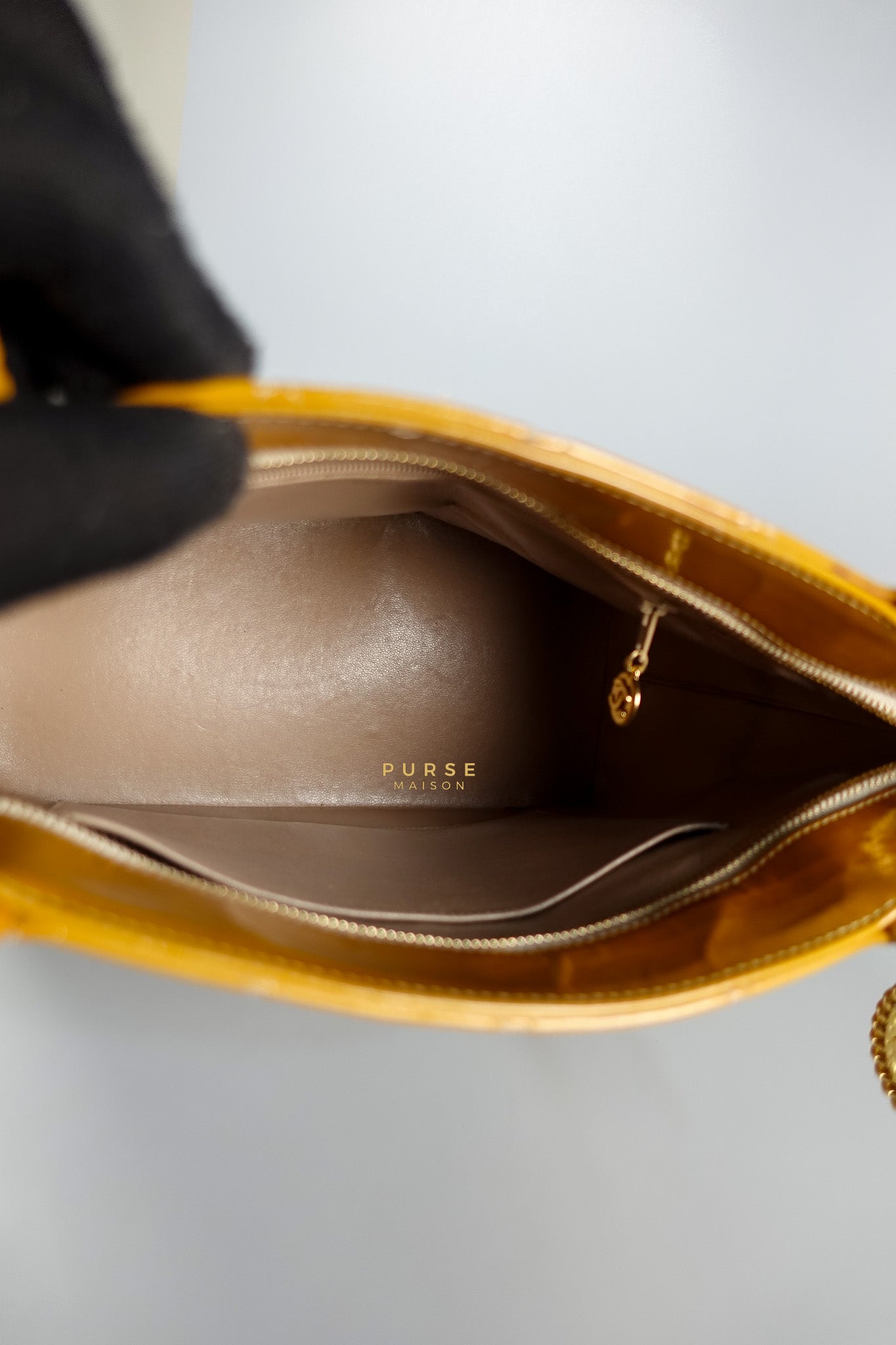 Medallion Yellow Mustard Vintage Patent Leather Handbag and Gold Hardware Series 7 | Purse Maison Luxury Bags Shop