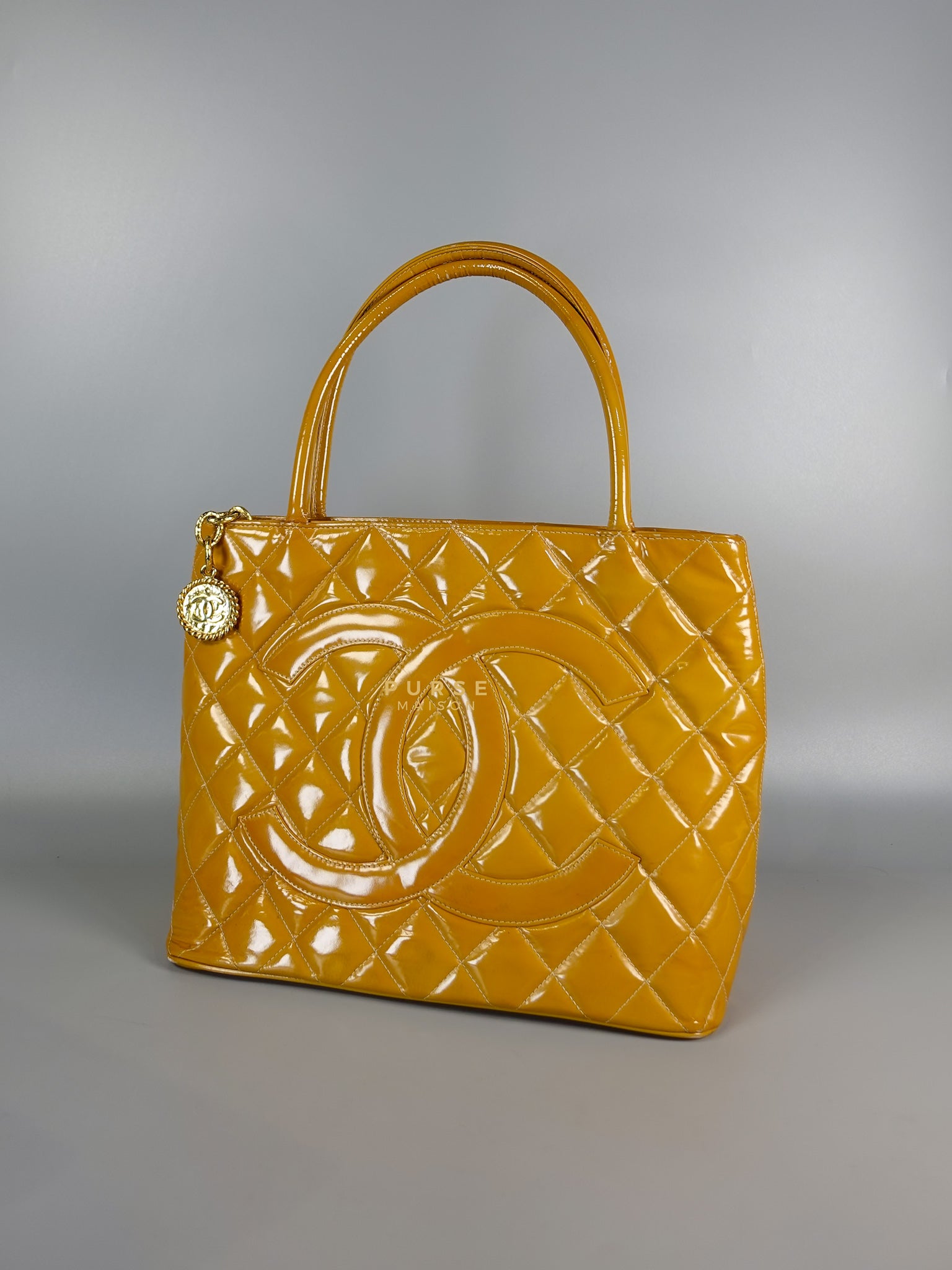 Medallion Yellow Mustard Vintage Patent Leather Handbag and Gold Hardware Series 7 | Purse Maison Luxury Bags Shop