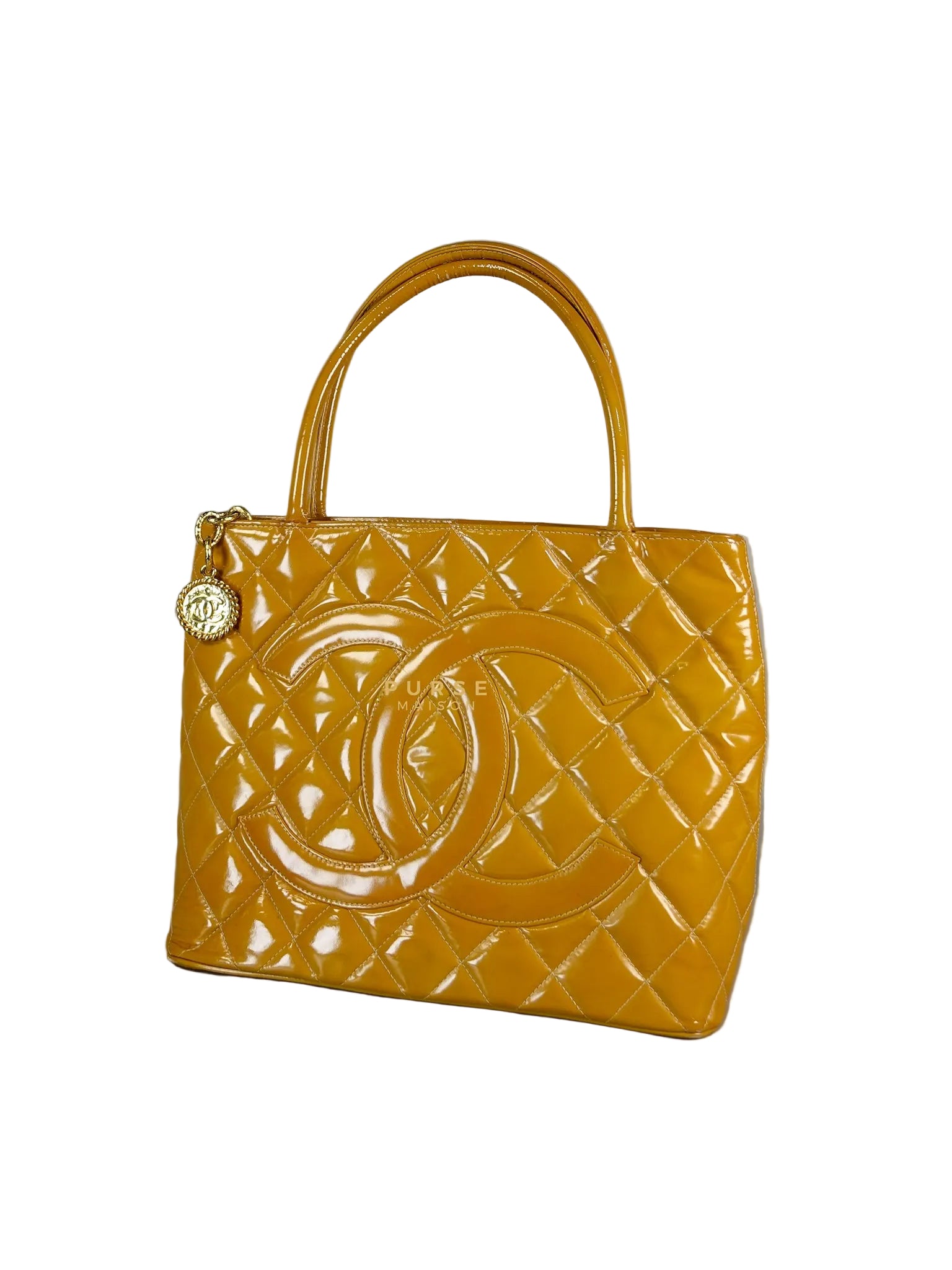 Medallion Yellow Mustard Vintage Patent Leather Handbag and Gold Hardware Series 7 | Purse Maison Luxury Bags Shop