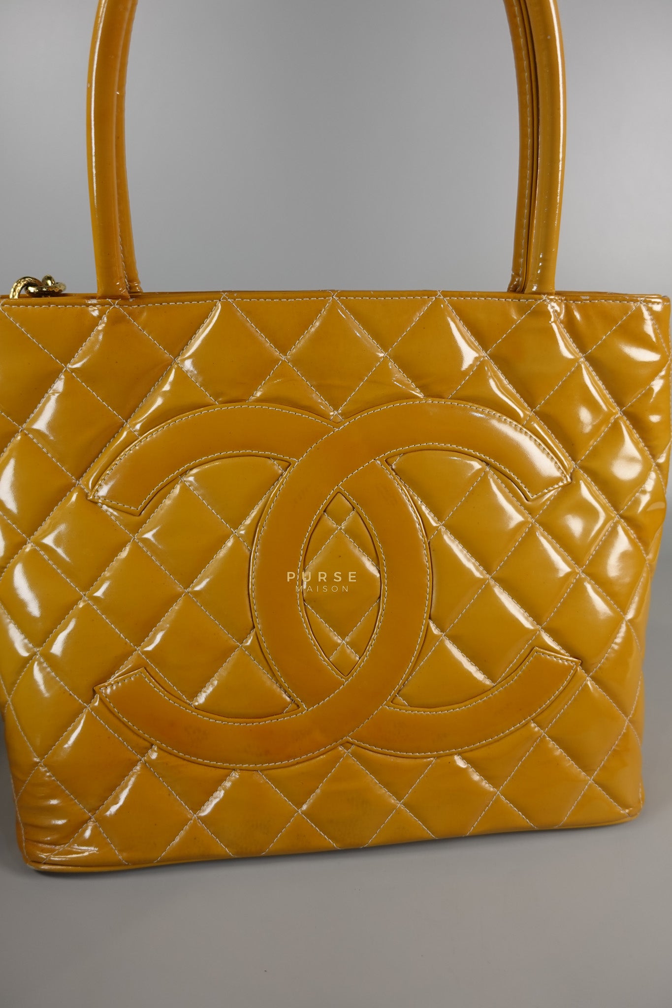 Medallion Yellow Mustard Vintage Patent Leather Handbag and Gold Hardware Series 7 | Purse Maison Luxury Bags Shop