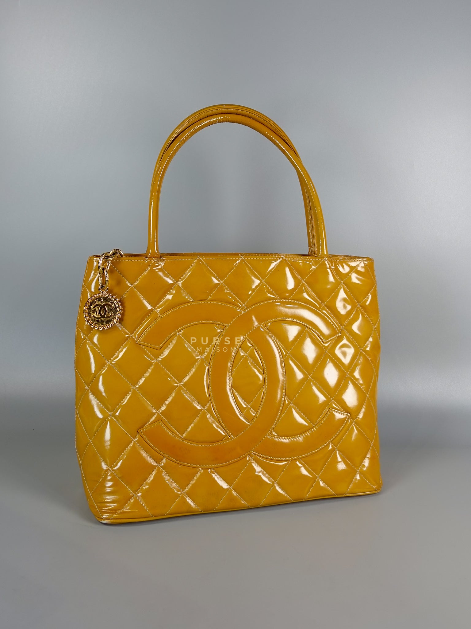 Medallion Yellow Mustard Vintage Patent Leather Handbag and Gold Hardware Series 7 | Purse Maison Luxury Bags Shop