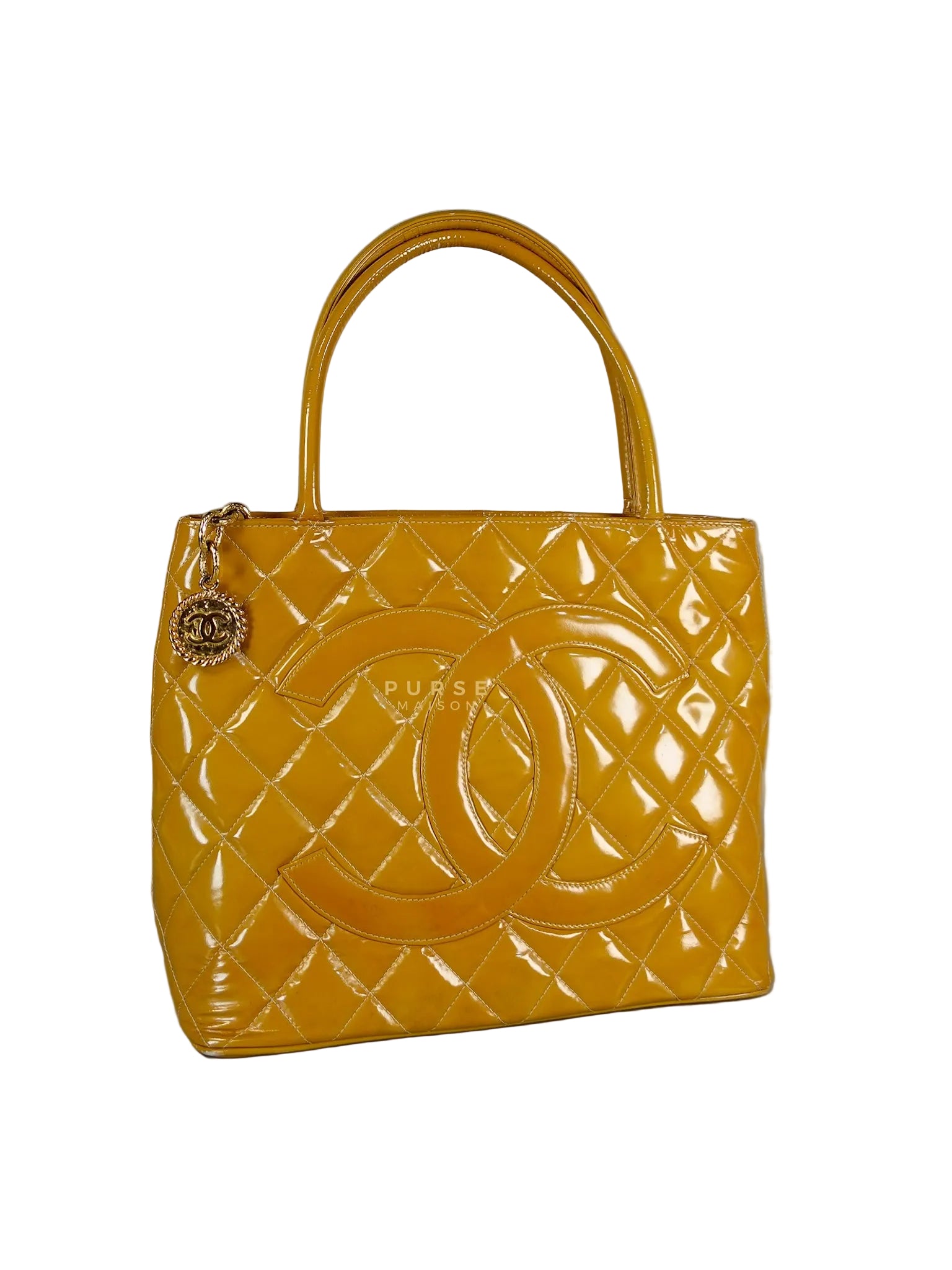 Medallion Yellow Mustard Vintage Patent Leather Handbag and Gold Hardware Series 7 | Purse Maison Luxury Bags Shop