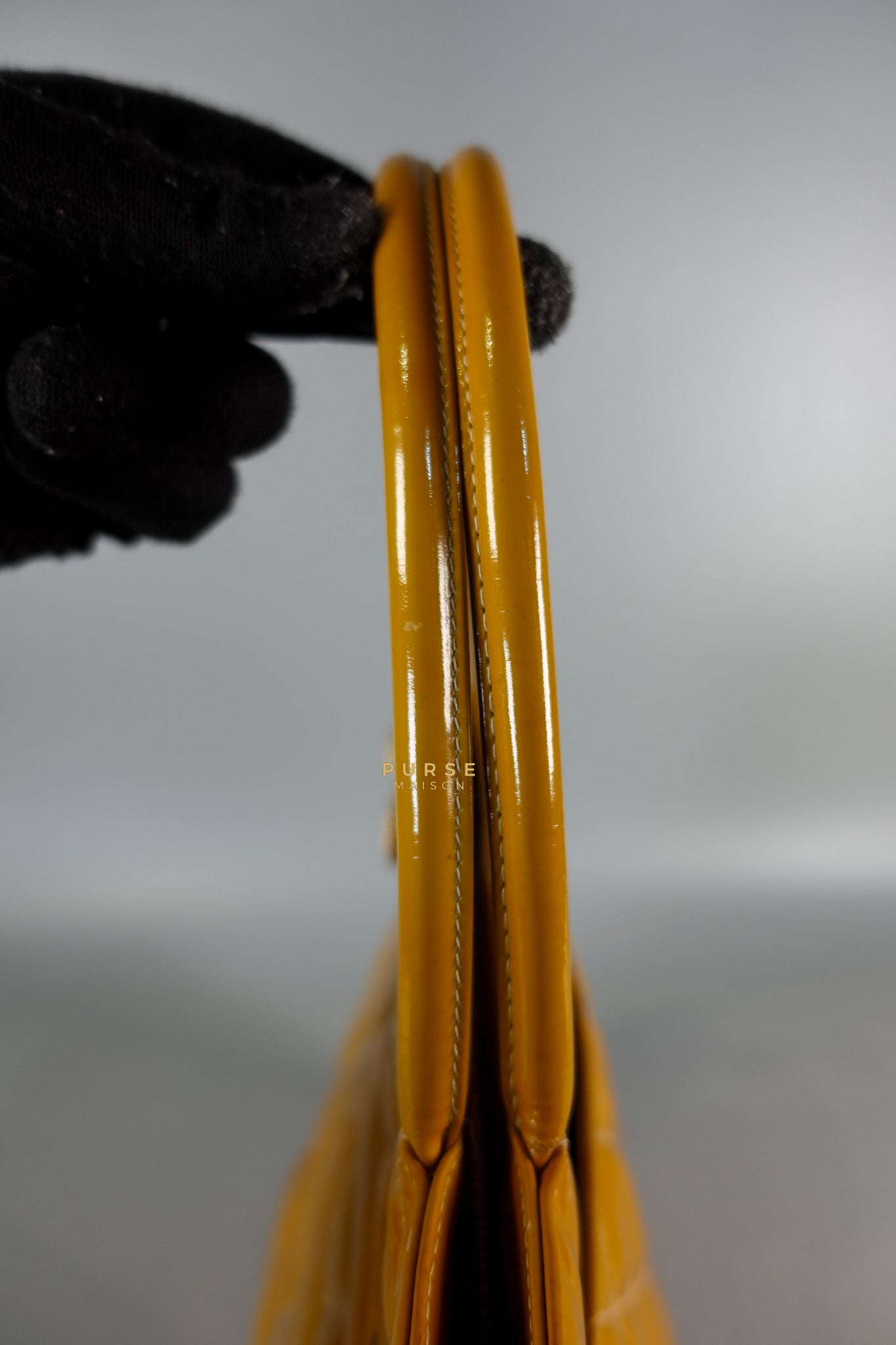 Medallion Yellow Mustard Vintage Patent Leather Handbag and Gold Hardware Series 7 | Purse Maison Luxury Bags Shop