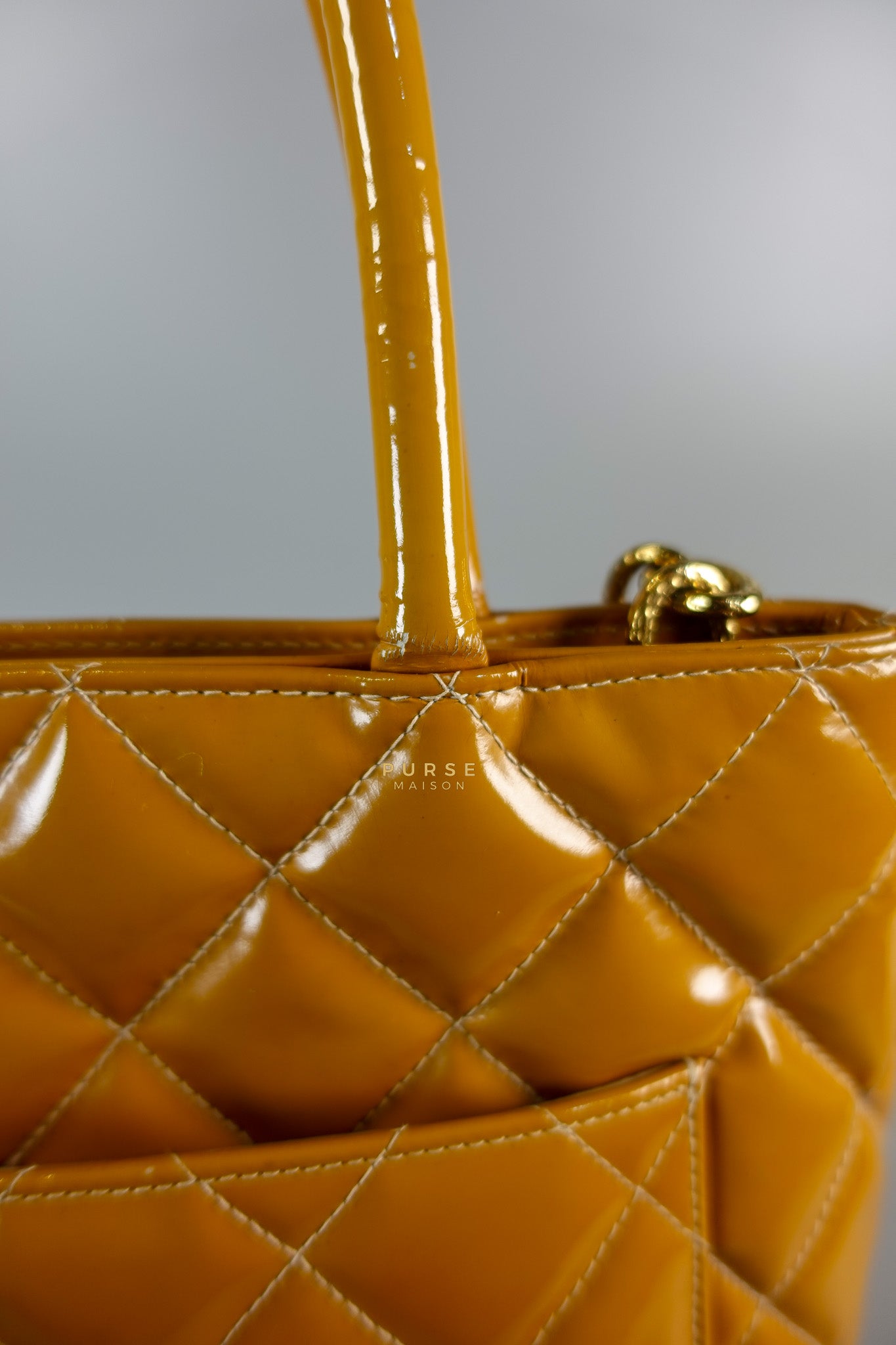 Medallion Yellow Mustard Vintage Patent Leather Handbag and Gold Hardware Series 7 | Purse Maison Luxury Bags Shop