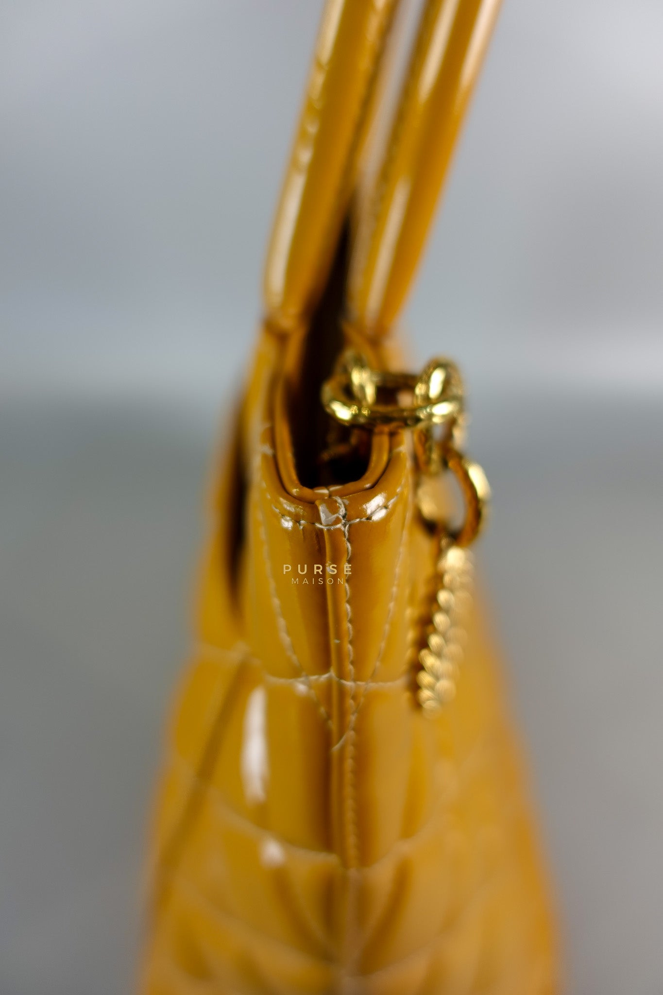 Medallion Yellow Mustard Vintage Patent Leather Handbag and Gold Hardware Series 7 | Purse Maison Luxury Bags Shop