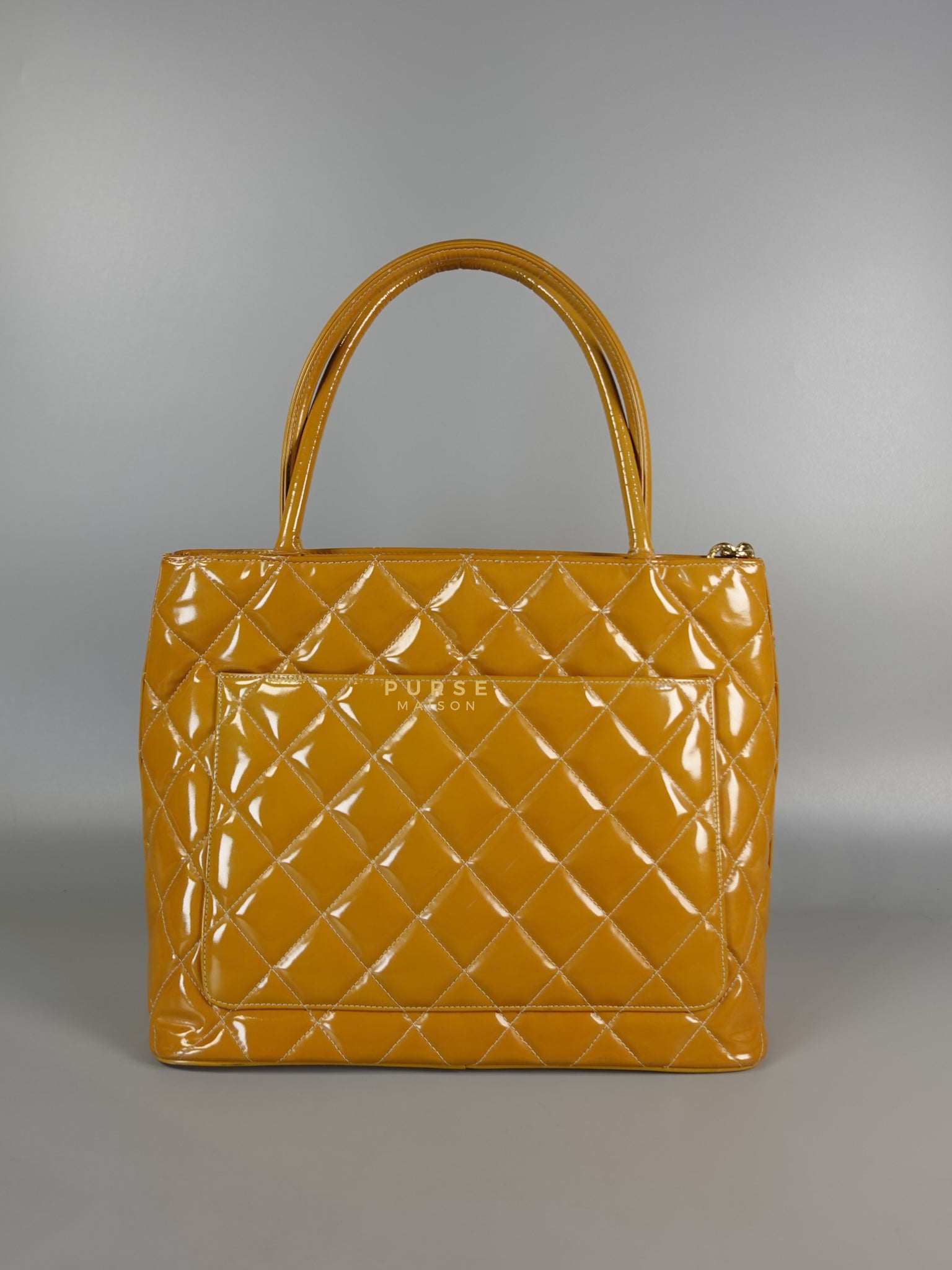 Medallion Yellow Mustard Vintage Patent Leather Handbag and Gold Hardware Series 7 | Purse Maison Luxury Bags Shop