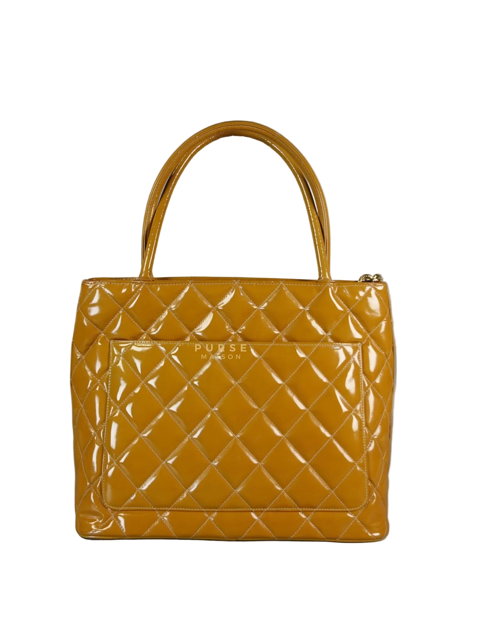 Medallion Yellow Mustard Vintage Patent Leather Handbag and Gold Hardware Series 7 | Purse Maison Luxury Bags Shop
