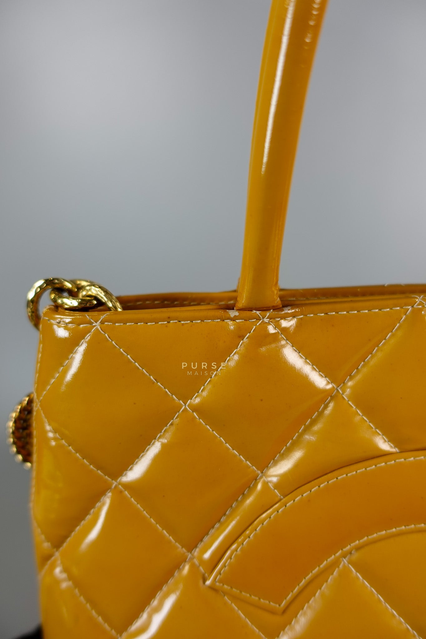 Medallion Yellow Mustard Vintage Patent Leather Handbag and Gold Hardware Series 7 | Purse Maison Luxury Bags Shop