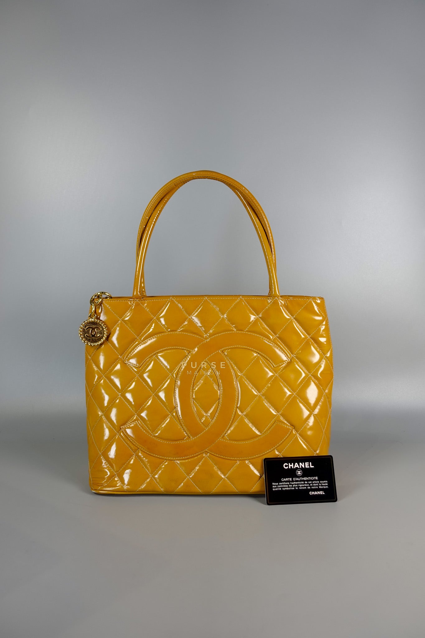 Medallion Yellow Mustard Vintage Patent Leather Handbag and Gold Hardware Series 7 | Purse Maison Luxury Bags Shop