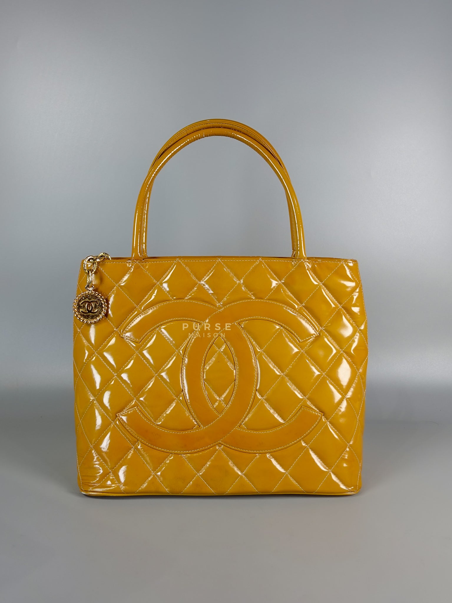 Medallion Yellow Mustard Vintage Patent Leather Handbag and Gold Hardware Series 7 | Purse Maison Luxury Bags Shop