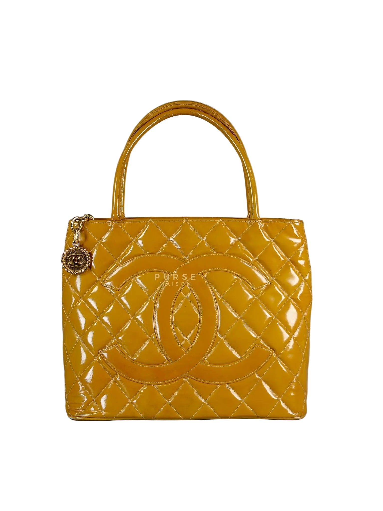 Medallion Yellow Mustard Vintage Patent Leather Handbag and Gold Hardware Series 7 | Purse Maison Luxury Bags Shop