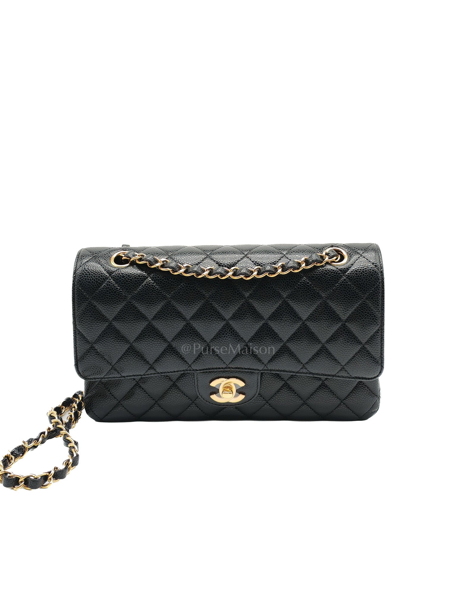 Chanel Classic Double Flap Medium in Black Caviar Leather and Gold Hardware (Microchip)