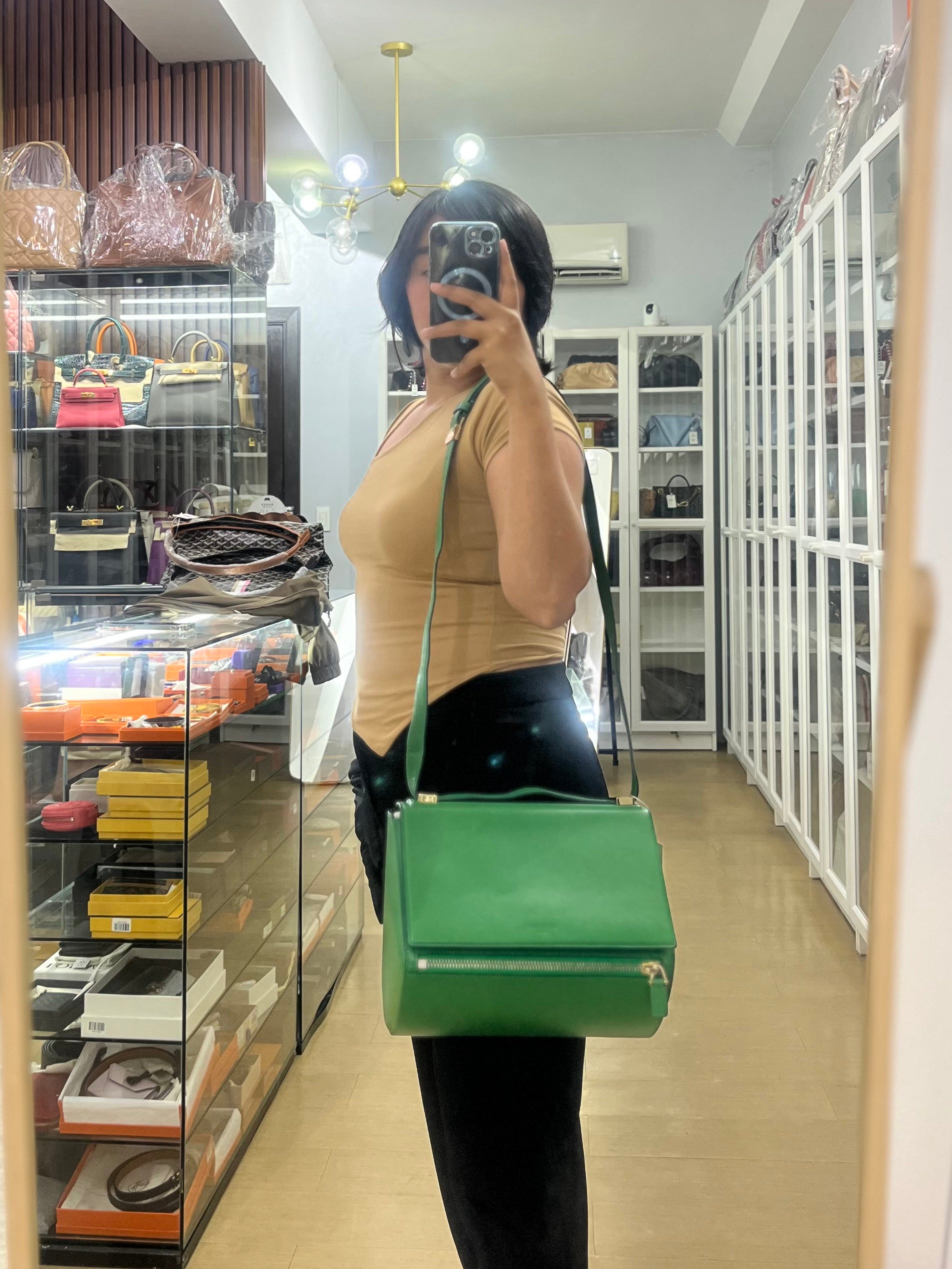 Medium Pandora Box in Green Calfskin Leather | Purse Maison Luxury Bags Shop