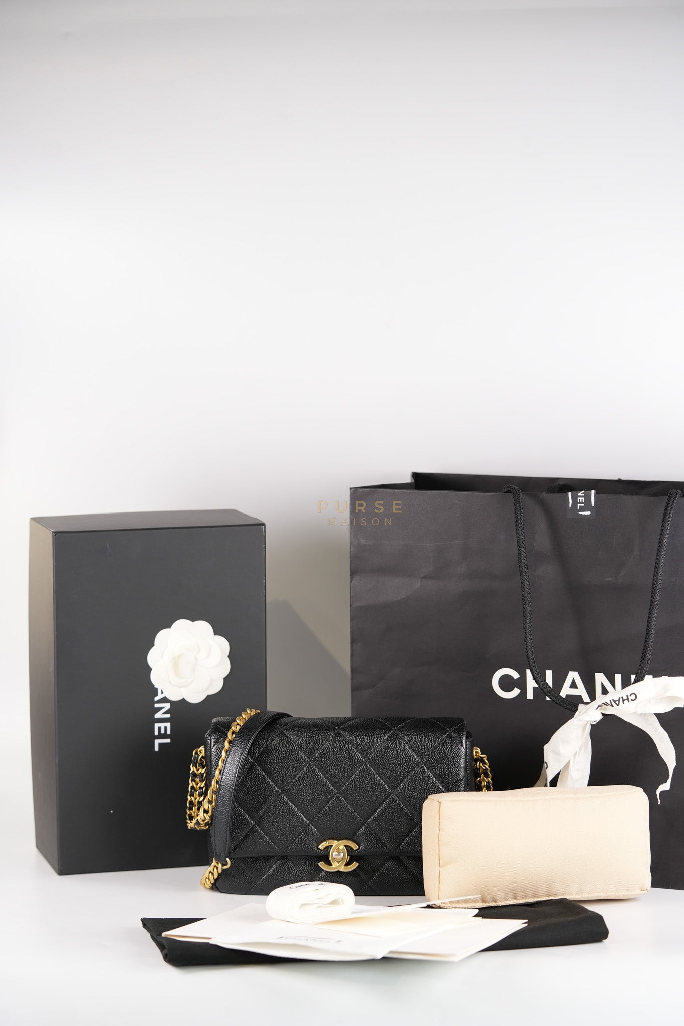 Melody Flap Bag in Shiny Caviar Leather and Aged Gold Hardware (Microchip) | Purse Maison Luxury Bags Shop