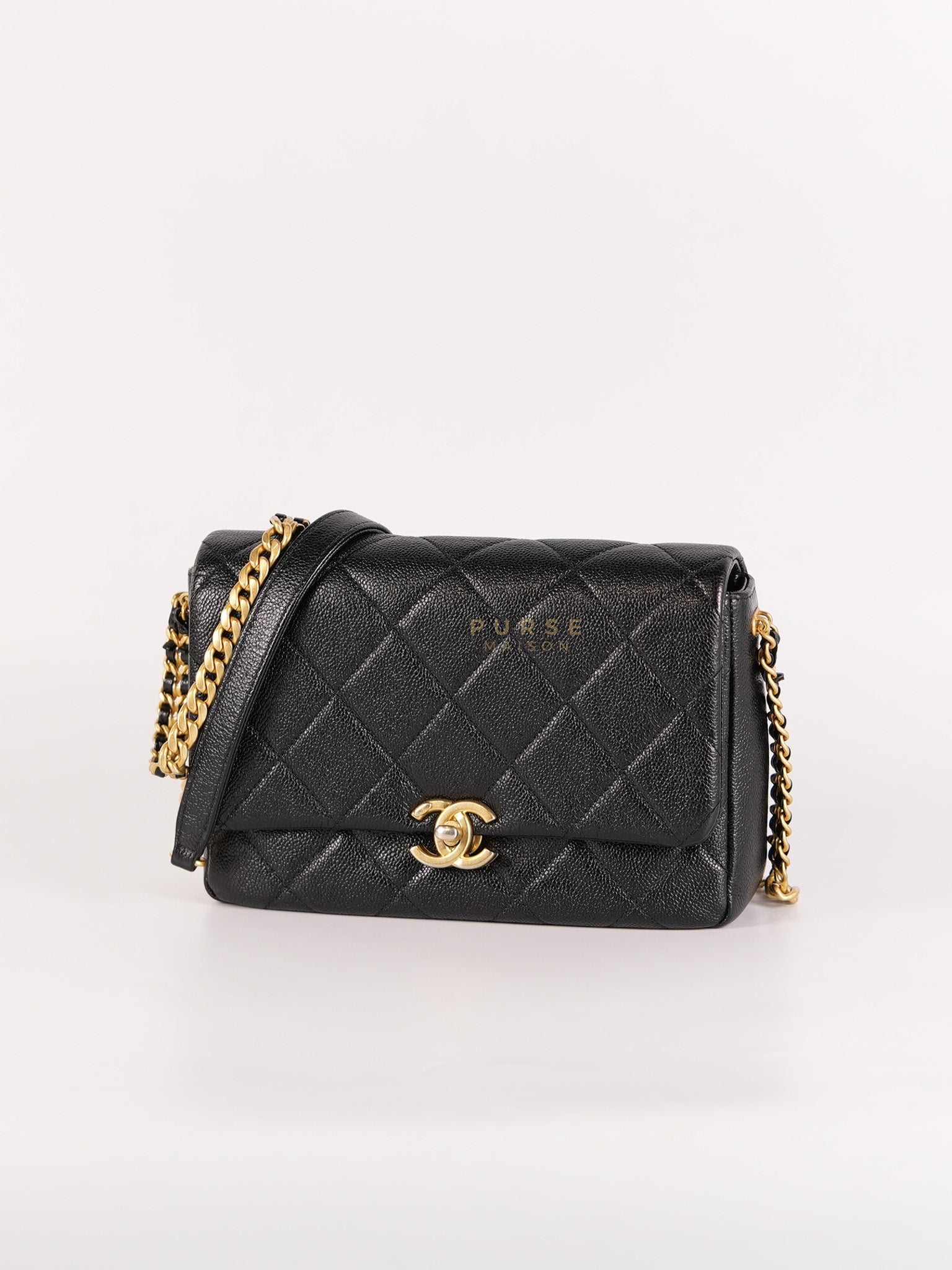 Melody Flap Bag in Shiny Caviar Leather and Aged Gold Hardware (Microchip) | Purse Maison Luxury Bags Shop