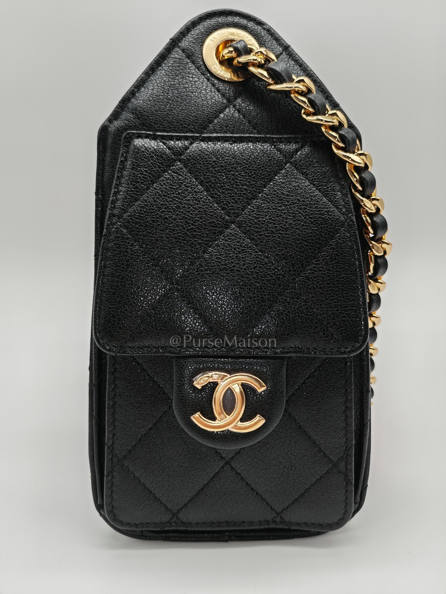 25 Mini in Black Grained Calfskin Leather & Gold Hardware Microchip
