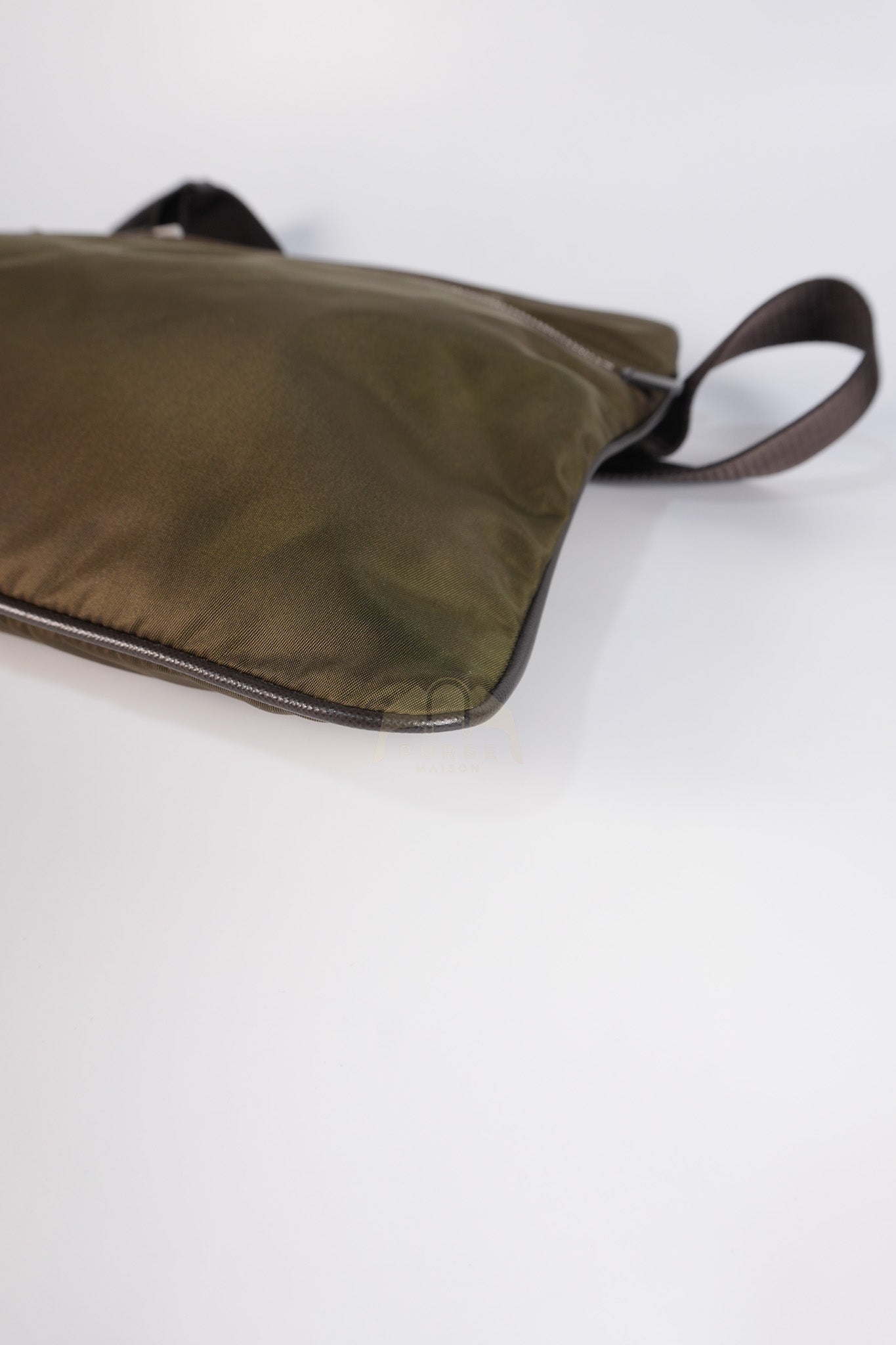 Messenger Bag in Olive Green Tessuto Nylon Canvas & Silver Hardware | Purse Maison Luxury Bags Shop