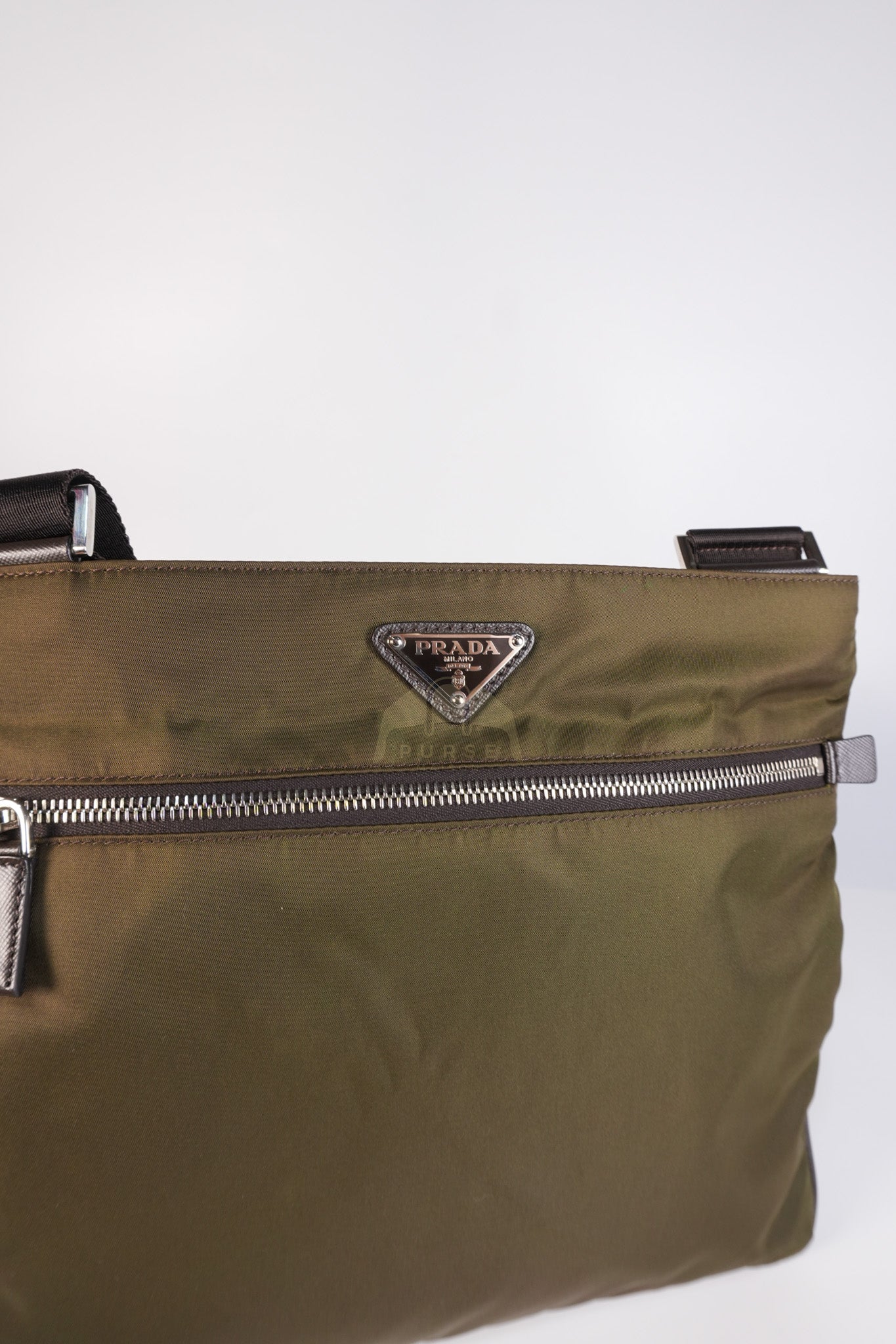 Messenger Bag in Olive Green Tessuto Nylon Canvas & Silver Hardware | Purse Maison Luxury Bags Shop